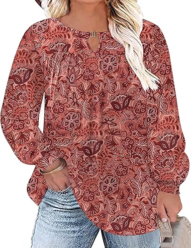 TFSDOD Womens Casual Tunic Tops Plus Size Floral Shirts Long Sleeve V Neck Keyho