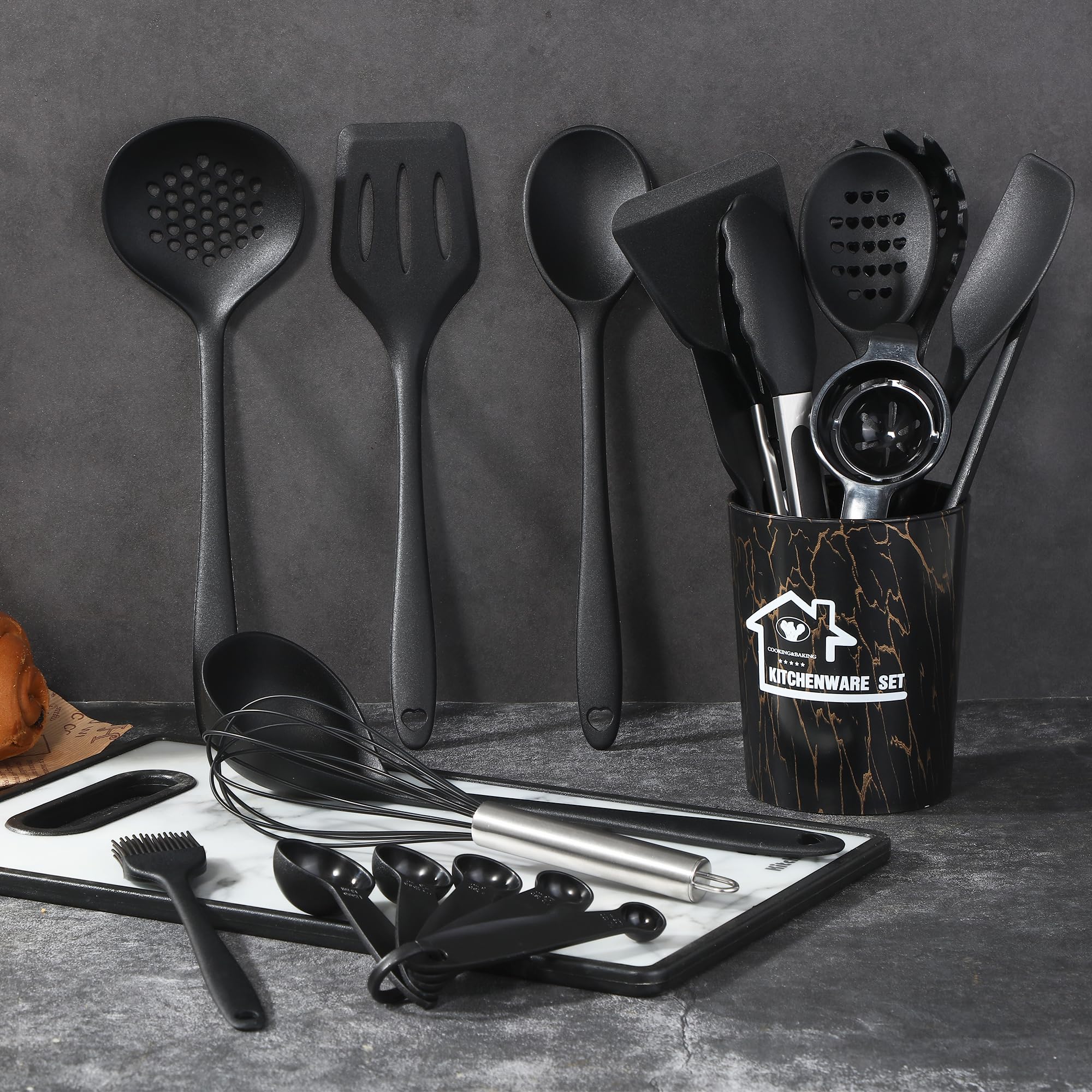 22 Stück Küchenhelfer Set,Silikon Küchenhelfer Set,Hitzebeständig Silikon Kochutensilien Kochgeschirr,Mit Aufbewahrungseimer, Gesunder Antihaftpfanne, Spülmaschinenfest (Schwarz)