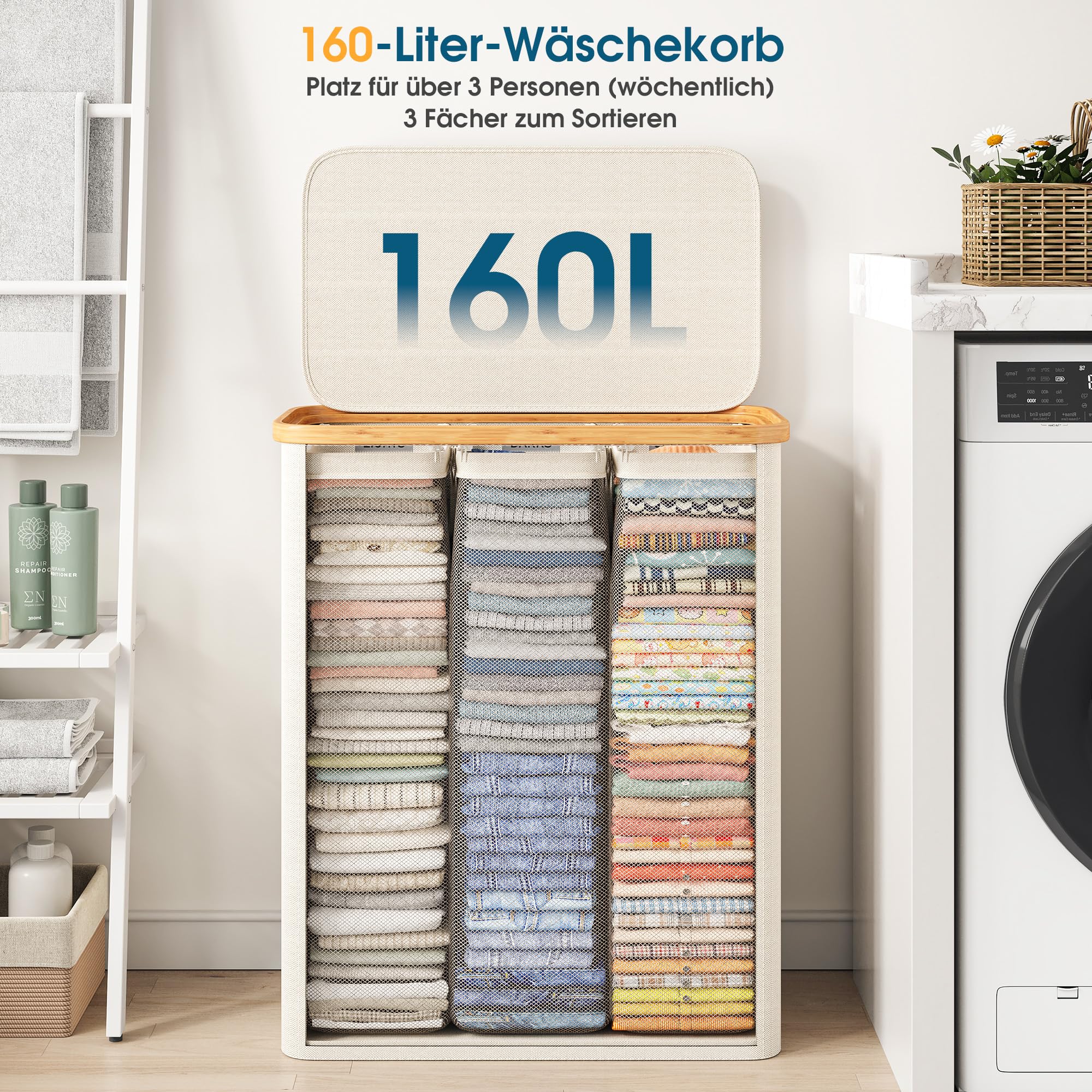 Wäschekorb 3 Fächer 160L, Wäschesammler mit Deckel, Bambusrahmen und 600D wasserdichtem Oxford Stoff, mit 3 herausnehmbaren Innentaschen für Schlafzimmer und Badezimmer, Beige