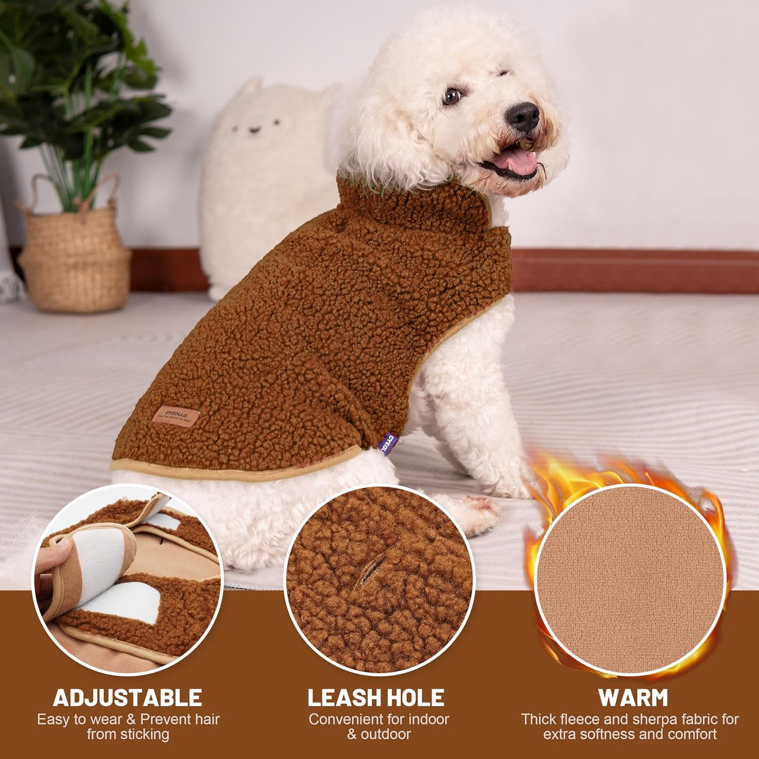 cyeollo Coats Reversible Dog Jacket Thickened Vest Turtleneck Fleece Furry Clothes Doggie Jacket for Cold Weather Winter Warm Dog Coats for Small Dogs Brown Apparel - Image 5