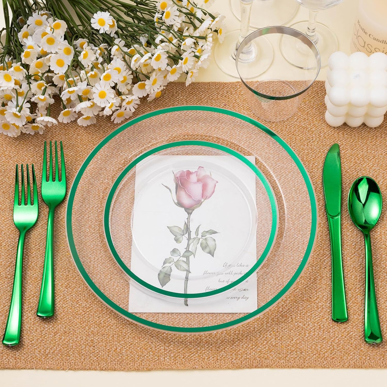 Beststar 350PCS Green and Clear Plastic Dinnerware Sets for 50 Guests, Include 100 Green Disposable Plates, 100 Forks, 50 Knives, 50 Spoons, 50 Cups