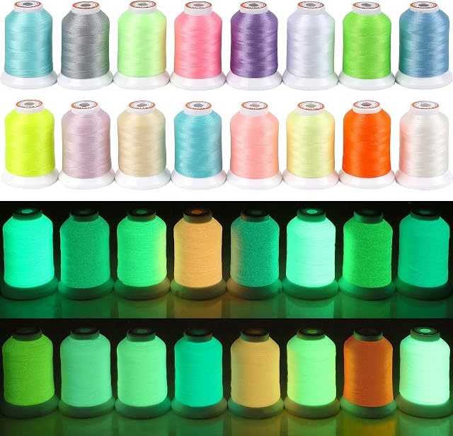 New brothread 16 Colours Luminary Glow in The Dark Machine Embroidery Thread Kit 30WT 500M(550Y) Each Spool for Embroidery, Quilting, Sewing