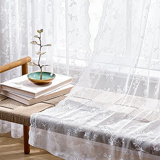 Lace Curtains 84 Inches Long, Vintage Floral Light Filtering Scalloped E...