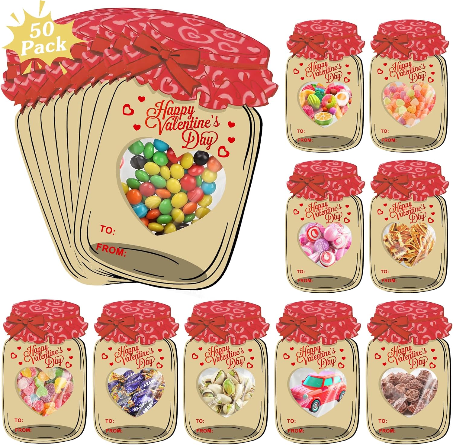 50 Pack Valentines Cards for Kids - 50 Pack Mason Jar - Fun Exchange Cards for Boys and Girls, Classroom Party Favors, Toddler School Gifts (Candy Not Included)