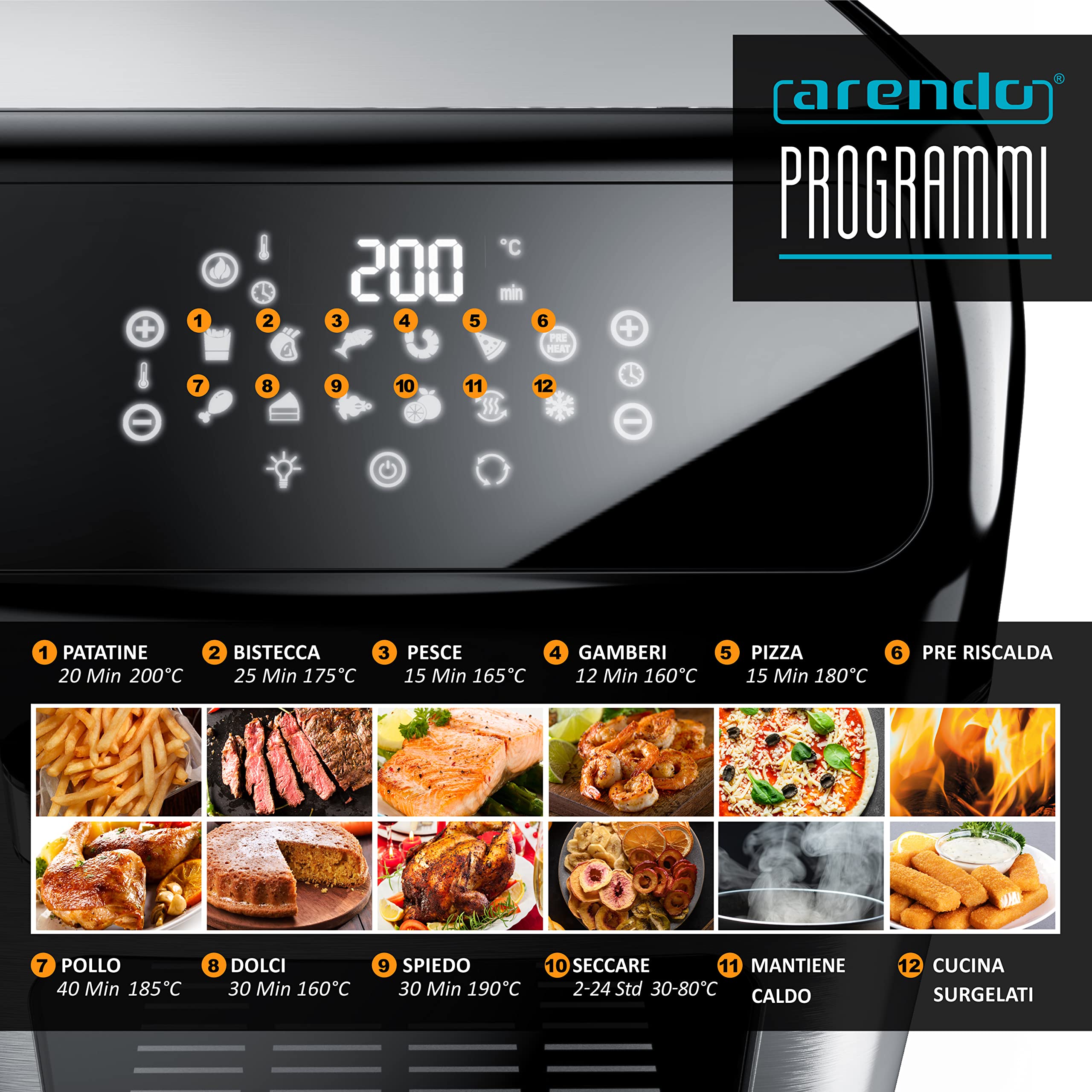Arendo - Friggitrice ad aria calda da 12 litri - Mini forno multifunzione - Air Fryer friggitrice rotante - Kebab – Pizza - pollo – 9 Programmi - Senza BPA
