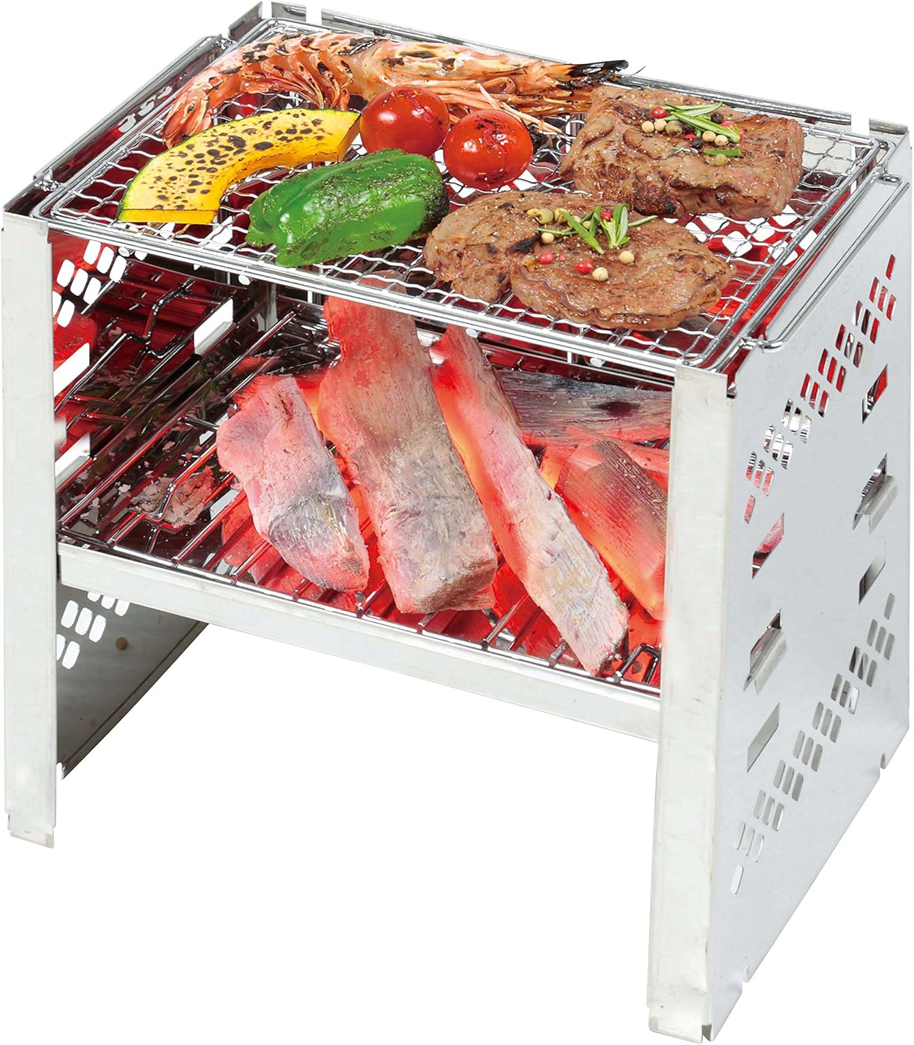 Captain Stag UG-42 Barbecue Stove, 3-in-1, Foldable, Smart Grill, B5 Type, With Bag, 3 Adjustable Levels, Width 10.0 x Depth 7.1 x Height 10.0 inches (255 x 180 x 255 mm)