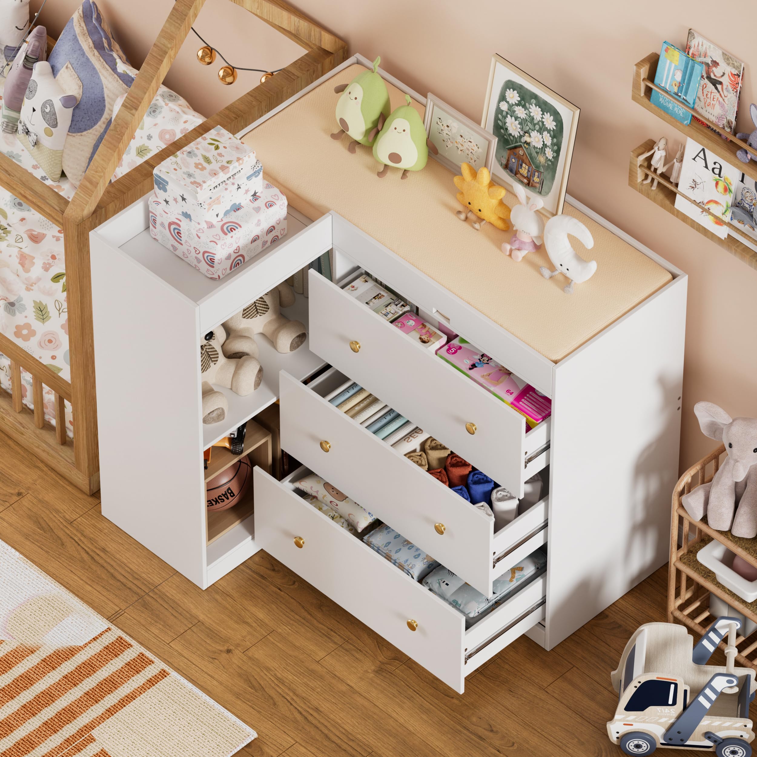 CASANOOKK Modern Nursery Changing Table Dresser,Corner Baby Dressing Table with 5 Drawers,2 Open Storage Racks,Multi Functional Diaper Changing Station for Children's Rooms,for The Nursery, White : Baby