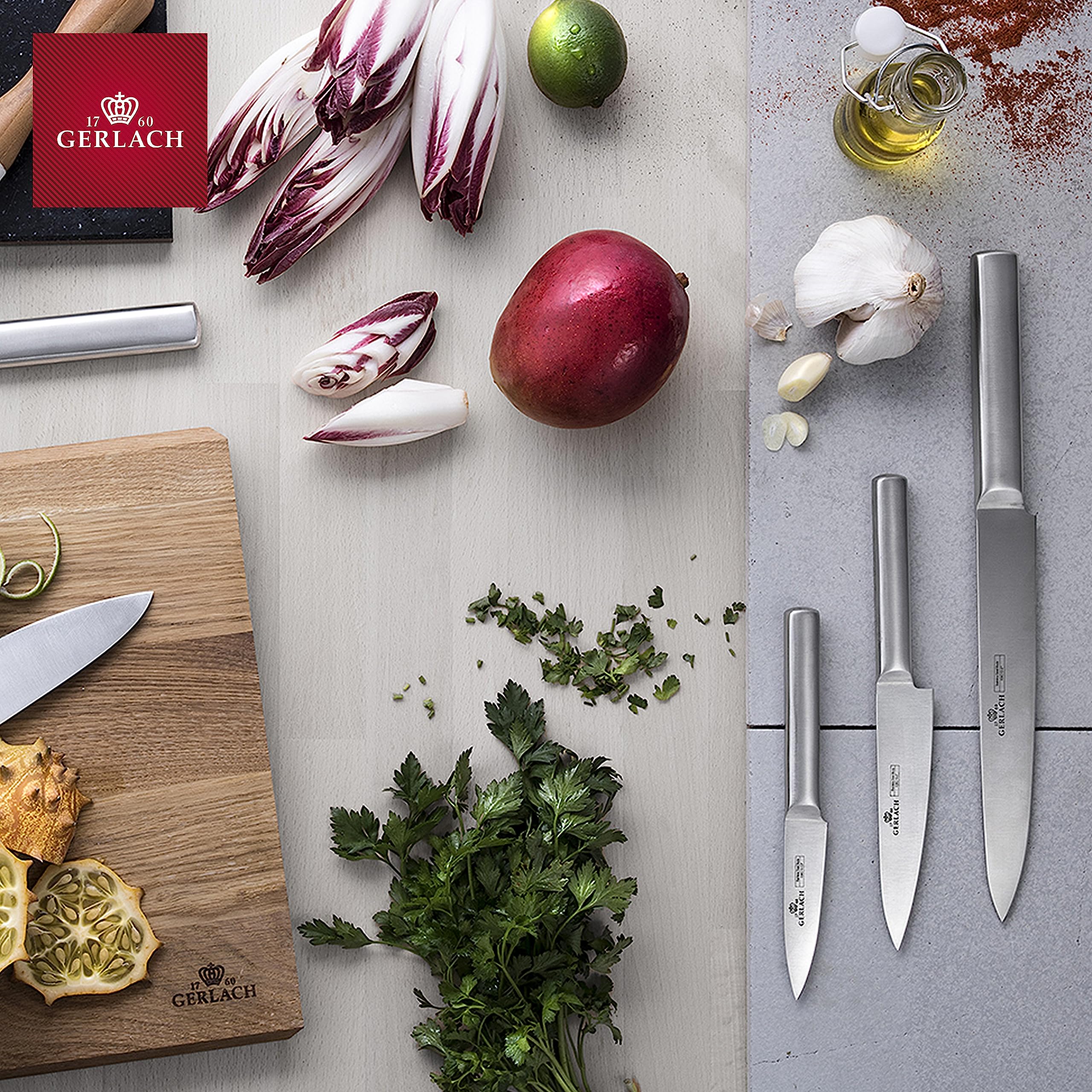 Gerlach 1760 Set Couteau Cuisine En Acier Inoxydable Ensemble De 5 Couteaux 1 x Couteau De Chef 1 x Couteau À Pain 2 x Couteau De Cuisine 1 x Couteau À Légumes 54-55 HRC Ambiente