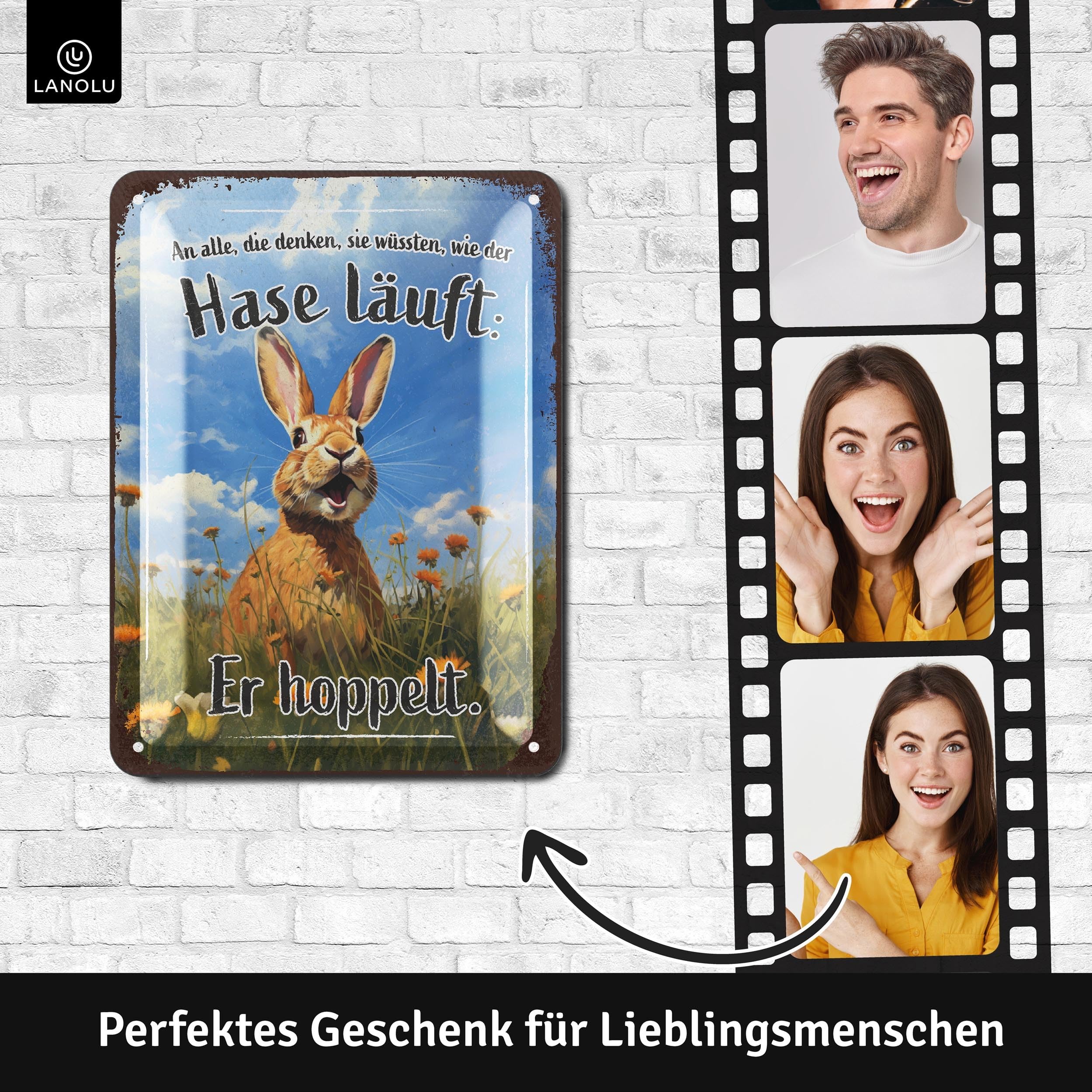 LANOLU Retro Blechschild - Lustiger Hase Osterdeko 15x20cm