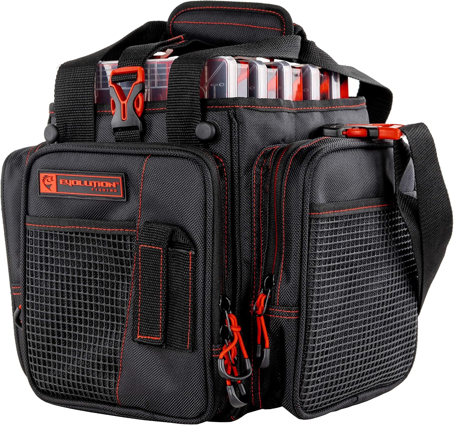 Evolution Outdoor Drift Series Topless Vertical Tackle Bag – Outdoor Rucksack w/ 5 Fishing Tackle Trays, Padded Handle and Shoulder Strap, Plier Holster, Tackle Carrying Case