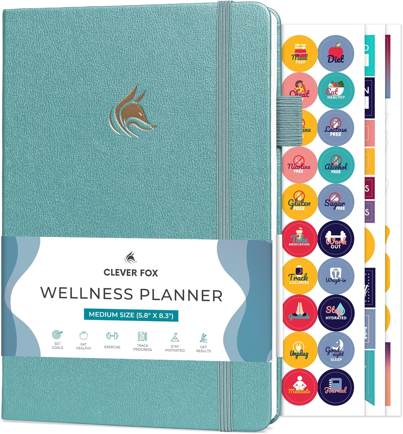 Clever Fox Wellness Planner - Weekly & Daily Health and Wellness Log, Food Journal & Meal Planner Diary for Calorie Counting, Notebook for Medical Condition Tracking, A5-Sized - Aquamarine