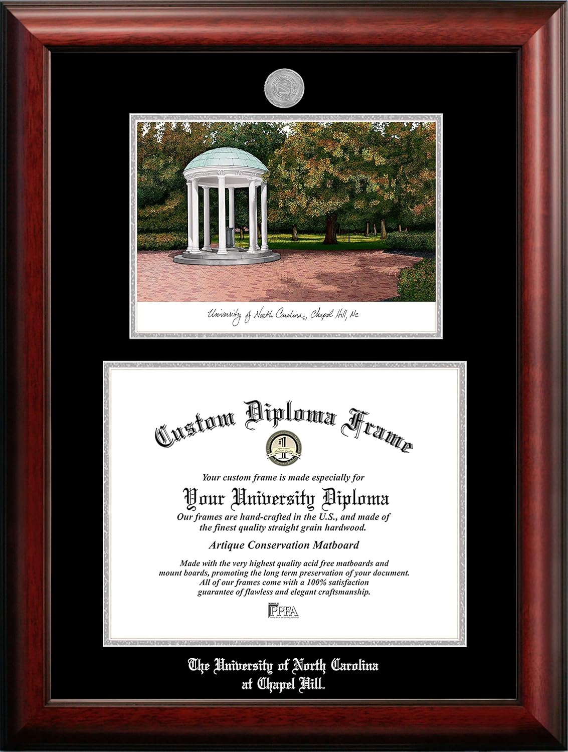 NCAA North Carolina Tar Heels Unisex Silver Medallion Frame University of North Carolina, Chapel Hill 14w x 11.5h Silver Embossed Diploma Frame with Campus Images Lithograph, Brown, One Size