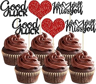 Gyufise 36Pcs We Will Miss You Cupcake Toppers Glitter Red Love Heart Good Luck Cupcake Picks for Retirement Theme Going Away Party Cake Decorations