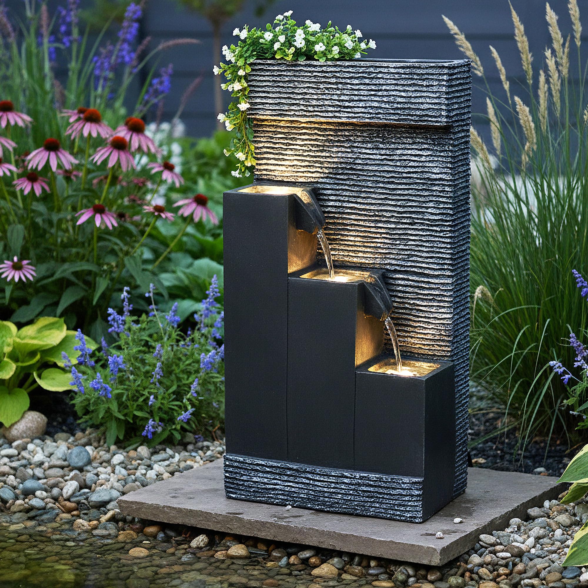 Arnusa BK845 Fuente de jardín con iluminación LED, Fuente de jardín con Lavabo Decorativo, Fuente de Interior, Fuente para Uso Interior y Exterior, Decoración de jardín