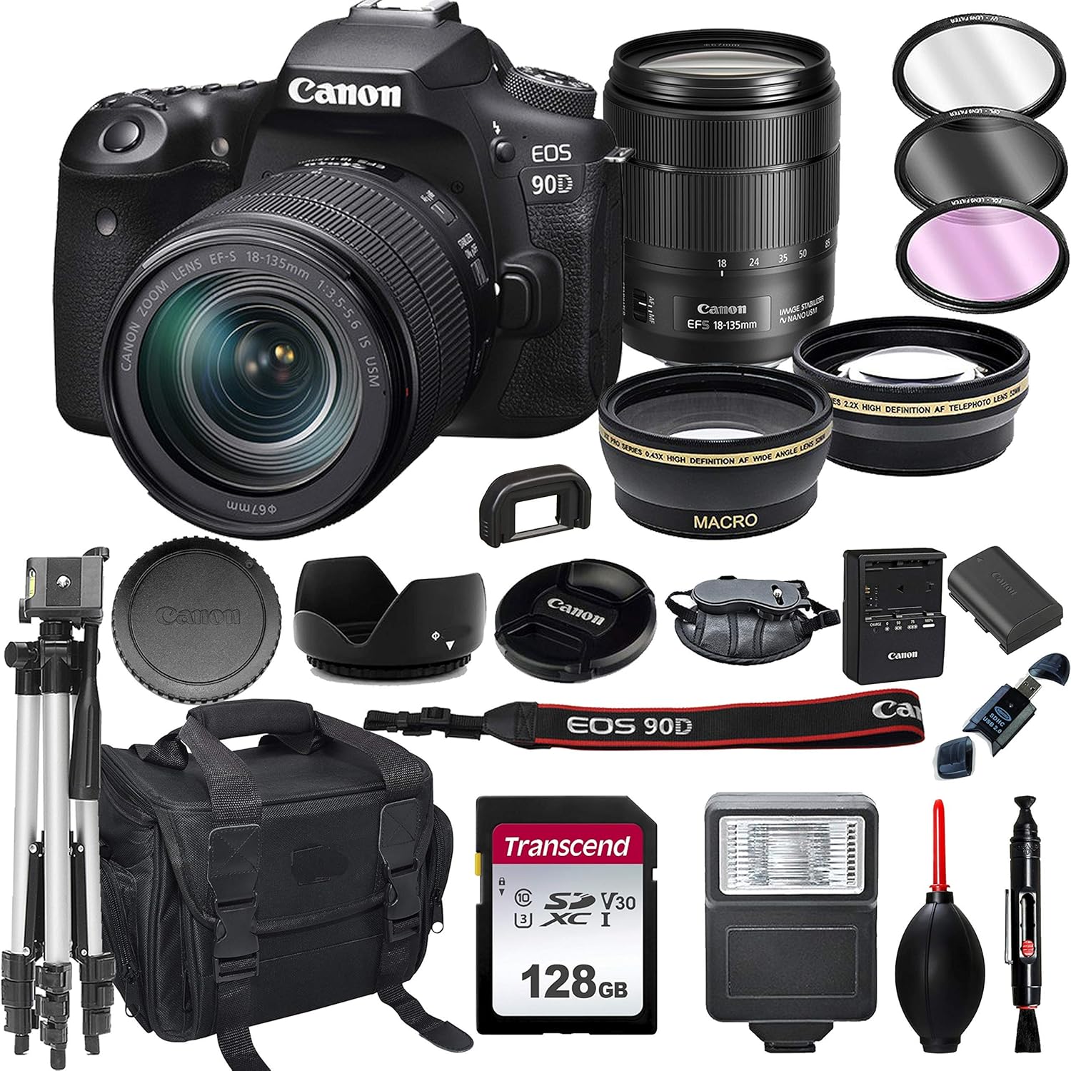 Canon EOS 90D DSLR Camera with 18-135mm USM Lens+ 128GB Card, Tripod, Case, and More (22pc Bundle) (Renewed)