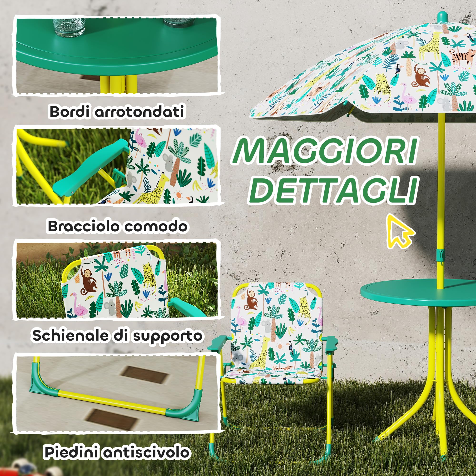 AIYAPLAY Tavolo da Picnic per Bambini, Set Tavolo e Sedie con 2 Sedie Pieghevoli e Ombrellone Removibile, Tema Giungla, Mobili da Esterno per Giardino, Patio, Verde