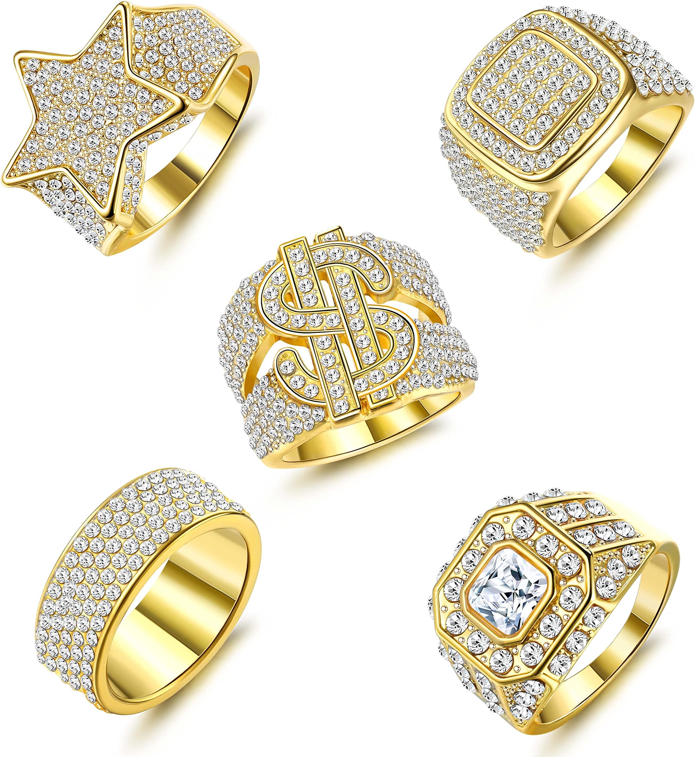 5pcs 18K Gold Plated Bling Pinky Ring Simulated Diamond Iced Out CZ Punky Rappers Star Dollar Sign Hip Hop Ring for Men