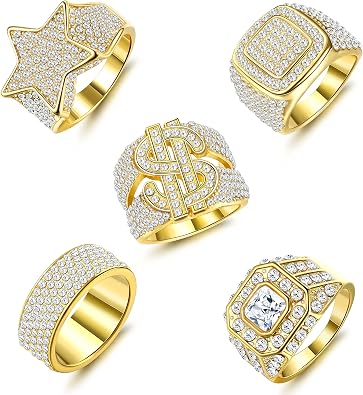 FASACCO 5pcs 18K Gold Plated Bling Pinky Ring Simulated Diamond Iced Out CZ Punky Rappers Star Dollar Sign Hip Hop Ring for Men