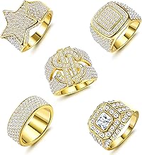 FASACCO 5Pcs 18K Gold Plated Bling Pinky Ring Simulated Diamond Iced Out Ring CZ Punky Rappers Ring Star Dollar Sign Hip H...
