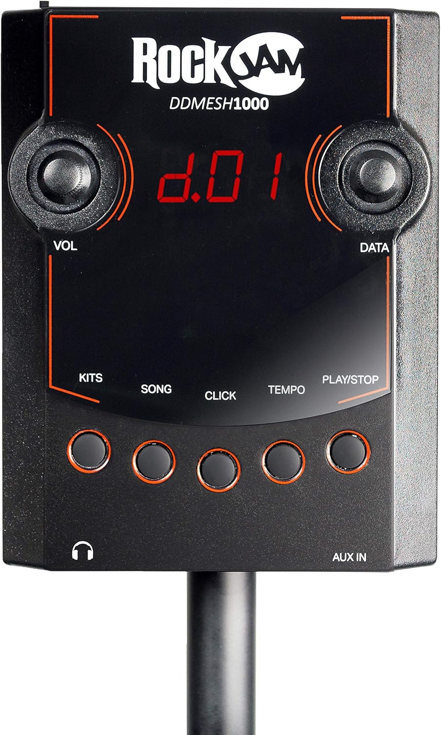 Close-up of the RockJam drum module's front panel with controls and display