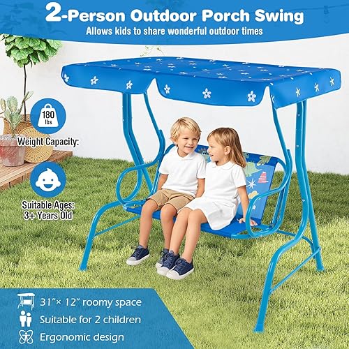 Miniatura 3 de HONEY JOY Columpio de patio para niños, 2 plazas para porche al aire libre, toldo ajustable y cinturón de seguridad, resistente a todo tipo de