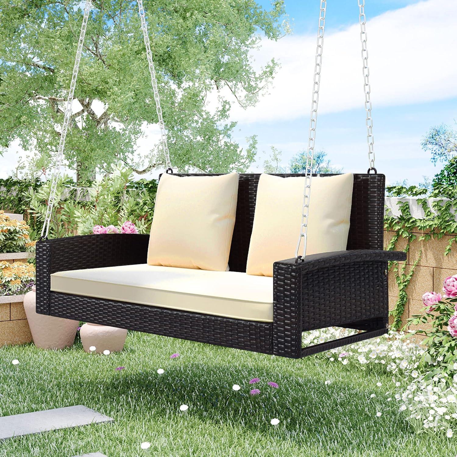 2-Person Patio Twin Size Garden Swing Bed with Chains, Cushion, Pillow, Rattan Bed Swing Wicker Porch Swing Bed for Garden, Backyard, Pond, Brown+Beige