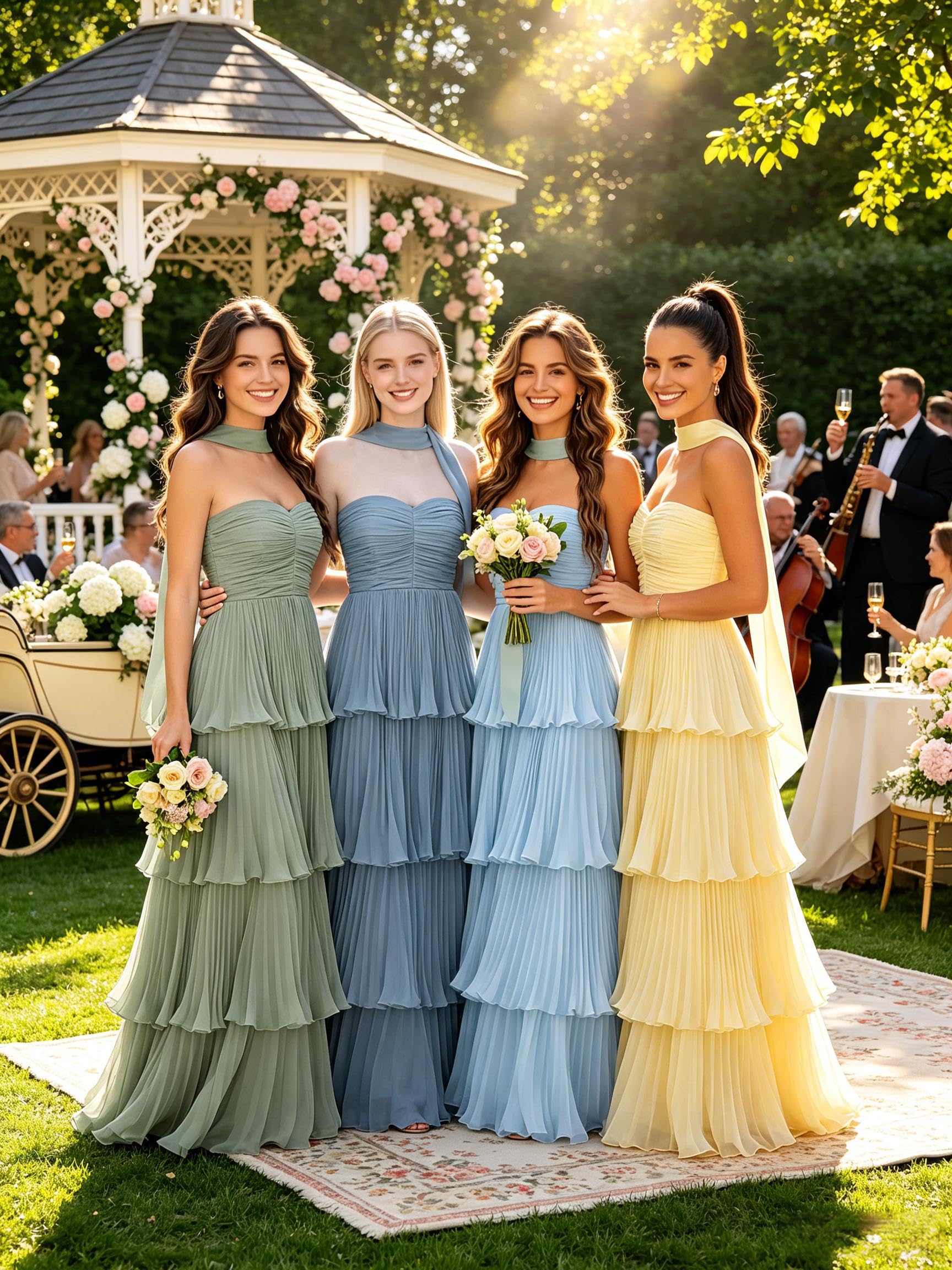 Vestidos largos de dama de honor de gasa sin tirantes escalonados con bufanda, marrón, 42 | Vestidos de graduación para mujer, vestido de invitada de boda, maxi plisado, formal, vestido de fiesta de noche con bufanda