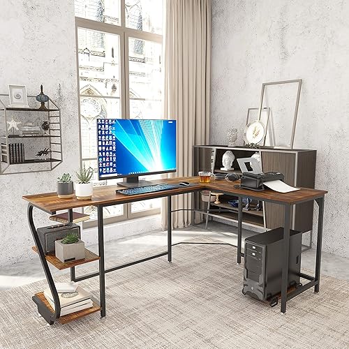 Miniatura 2 de Weehom Escritorio reversible en forma de L con estantes de esquina grande para computadora, escritorio para juegos para oficina en casa, estación de