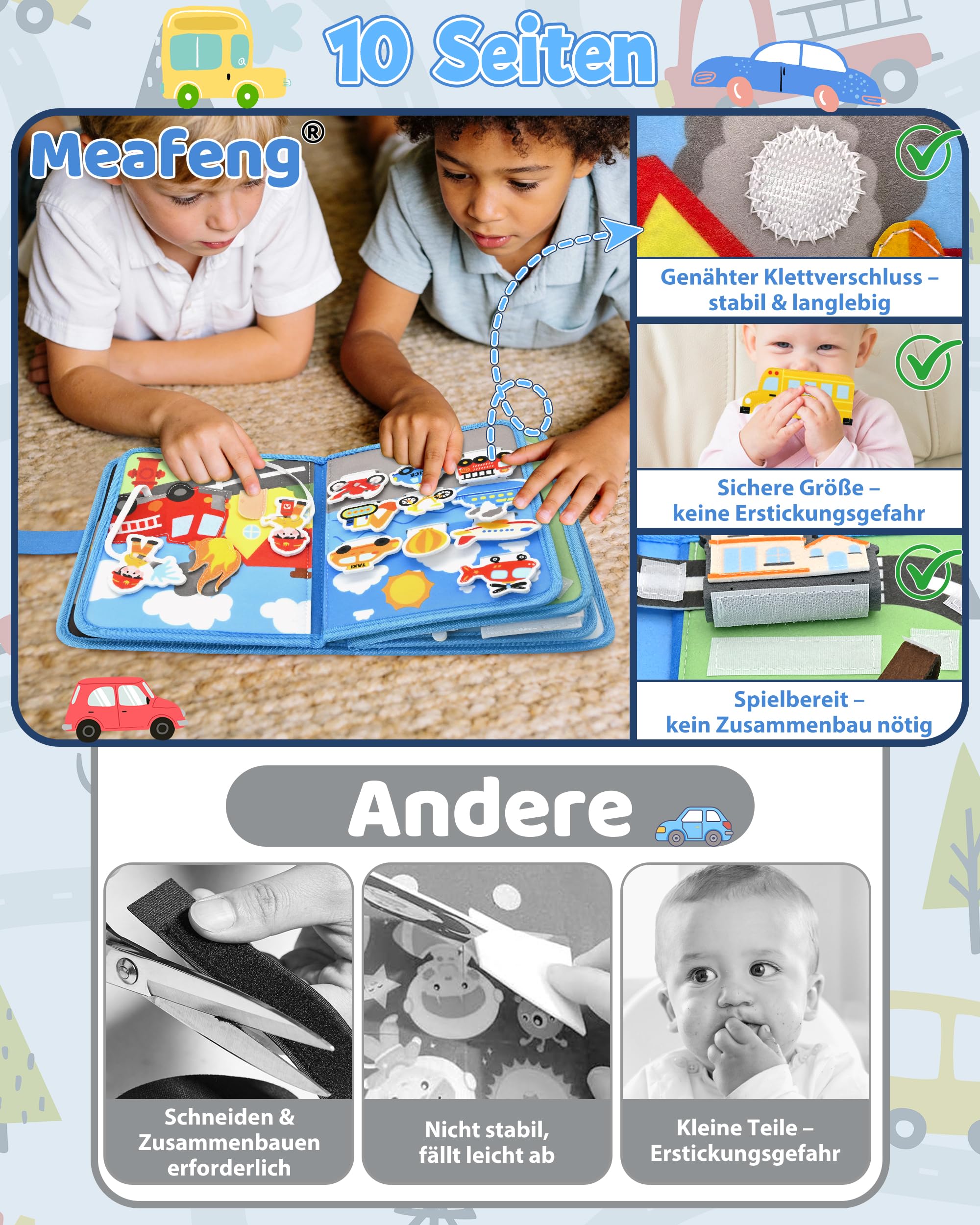 Busy Board ab 1 2 Jahr, Montessori Spielzeug Baby Filzbuch Transport Busy Book mit 3D-Verkehrsszenen, Flugzeug Beschäftigung Kinder, Ostergeschenke Basteln Jungen Mädchen