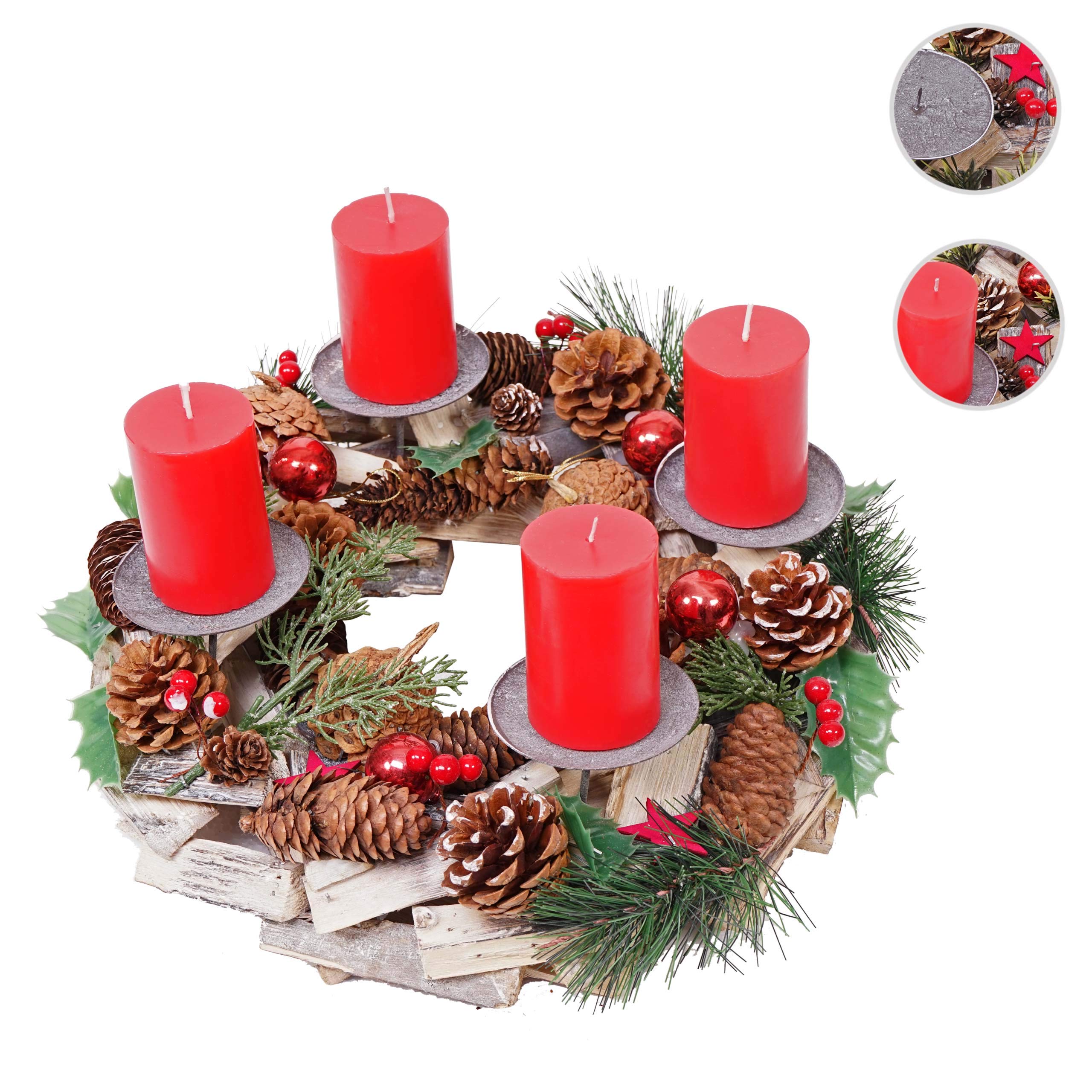 Adventskranz HWC-H49AM, Weihnachtsdeko Adventsgesteck Weihnachtsgesteck, Holz rund Ø 33cm - inkl. 4X Kerzen rot