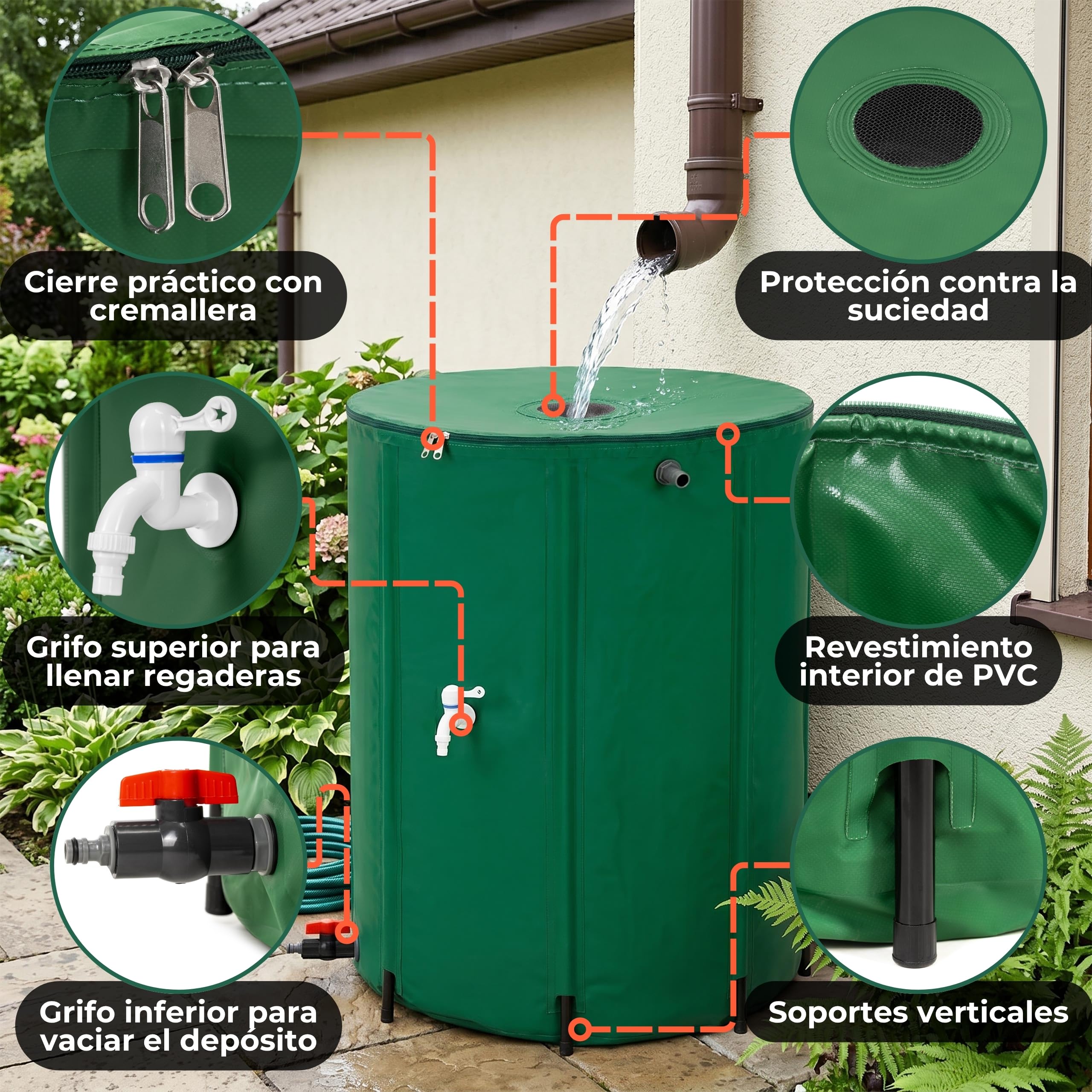 Springos Depósito de agua de lluvia de 500 l para jardín, almacenamiento de agua de PVC 1000D, plegable, con 8 puntales de apoyo, doble grifo, protección contra rebosadero, borde reforzado, barril de