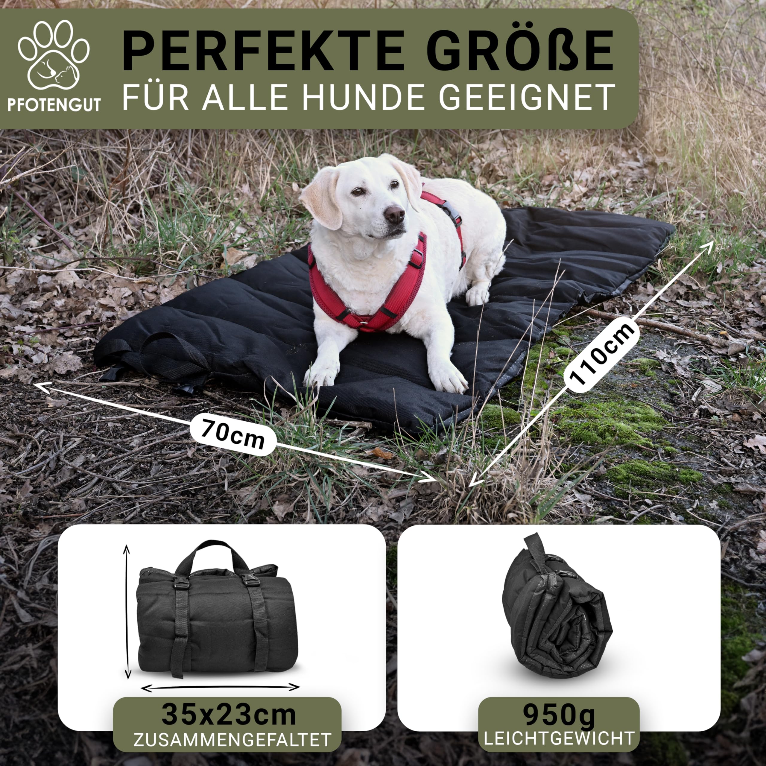 Couverture pour chien pour les déplacements [imperméable et antidérapant] – Tapis doux pour chien d'extérieur [110 x 70 cm] à emporter avec gamelle d'eau pliable avec mousqueton, HD11070
