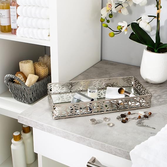 Home Details Leaf Design Mirrored Vanity Tray | Dresser | Perfume | Desk | Cosmetic | Jewelry Organizer | Decorative | Satin Silver