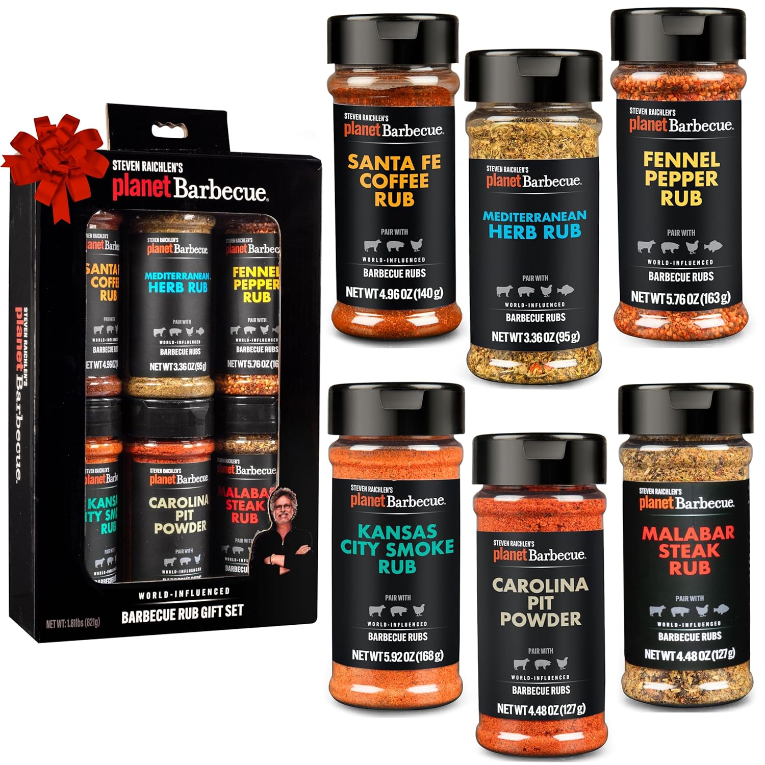 Steven Raichlen's Planet Barbecue Gourmet BBQ Rubs & Spices Gift Box 6 Pack- Grill Seasonings Set with Worldwide Flavors- Great Grilling Gift for Men
