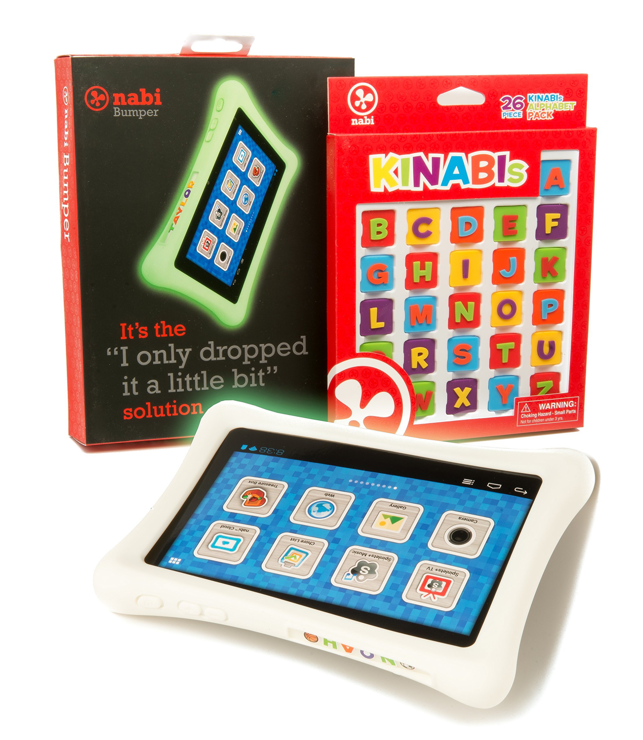 Nabi 2 Tablet Bumper Case with 26 Piece Kinabis Letter Pack Bundle - Educational and Interactive Alphabet Letters with Protective Purple Tablet Case for Kids Ages 3 Plus (Glow Green)