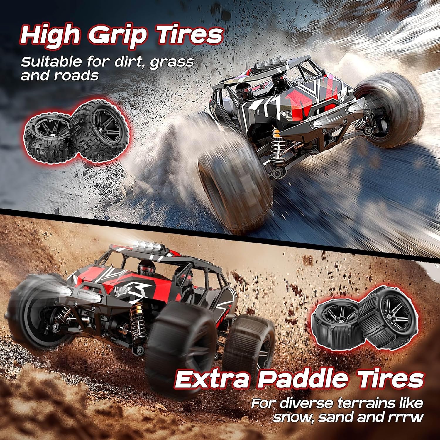 RC car with high grip tires suitable for dirt, grass, and roads, and extra paddle tires for snow and sand
