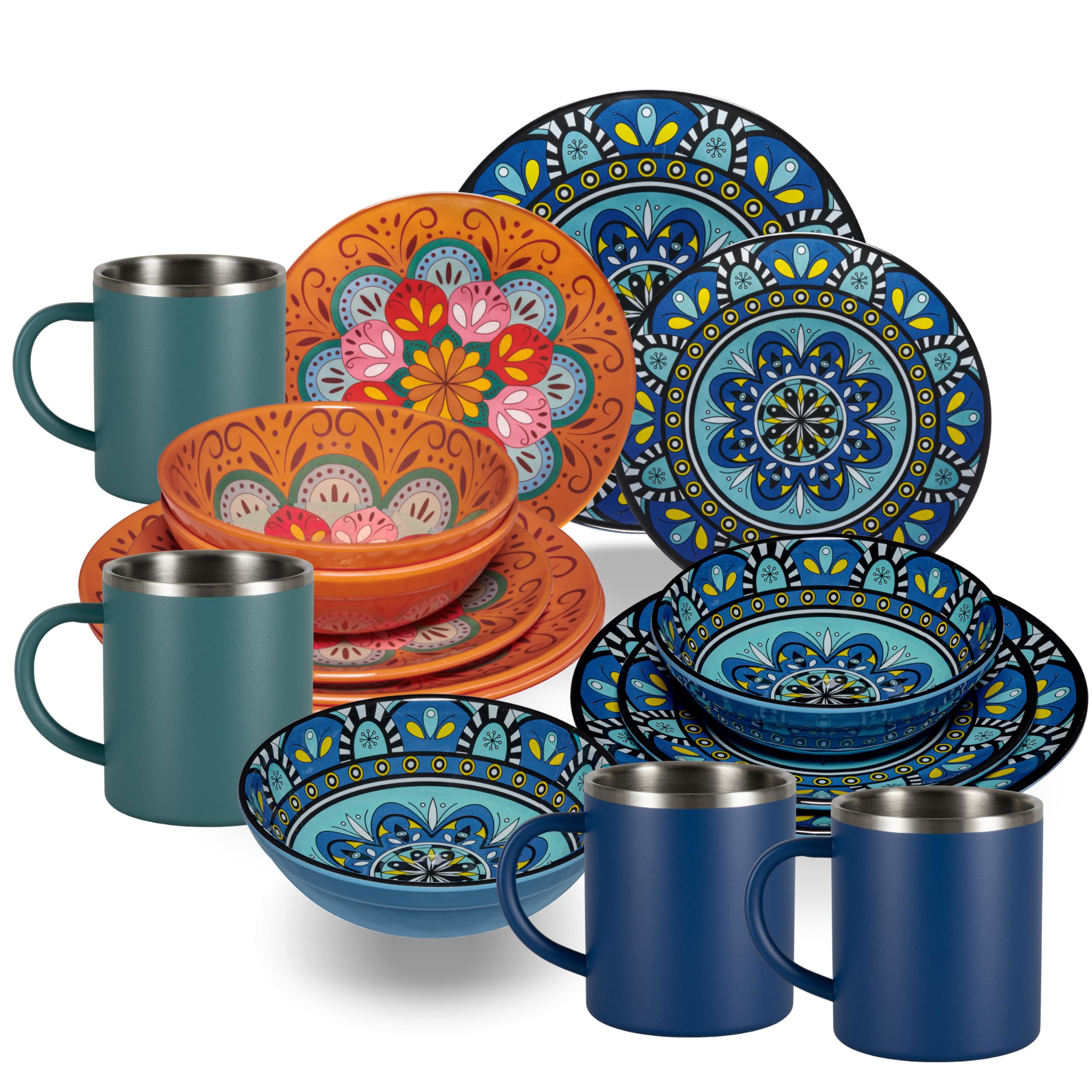 Vajilla de melamina Toscana para 4 personas, 16 piezas, color naranja y azul, con tazas de acero inoxidable, aspecto mandala, apto para lavavajillas, vajilla de camping, camping, caravana, camping