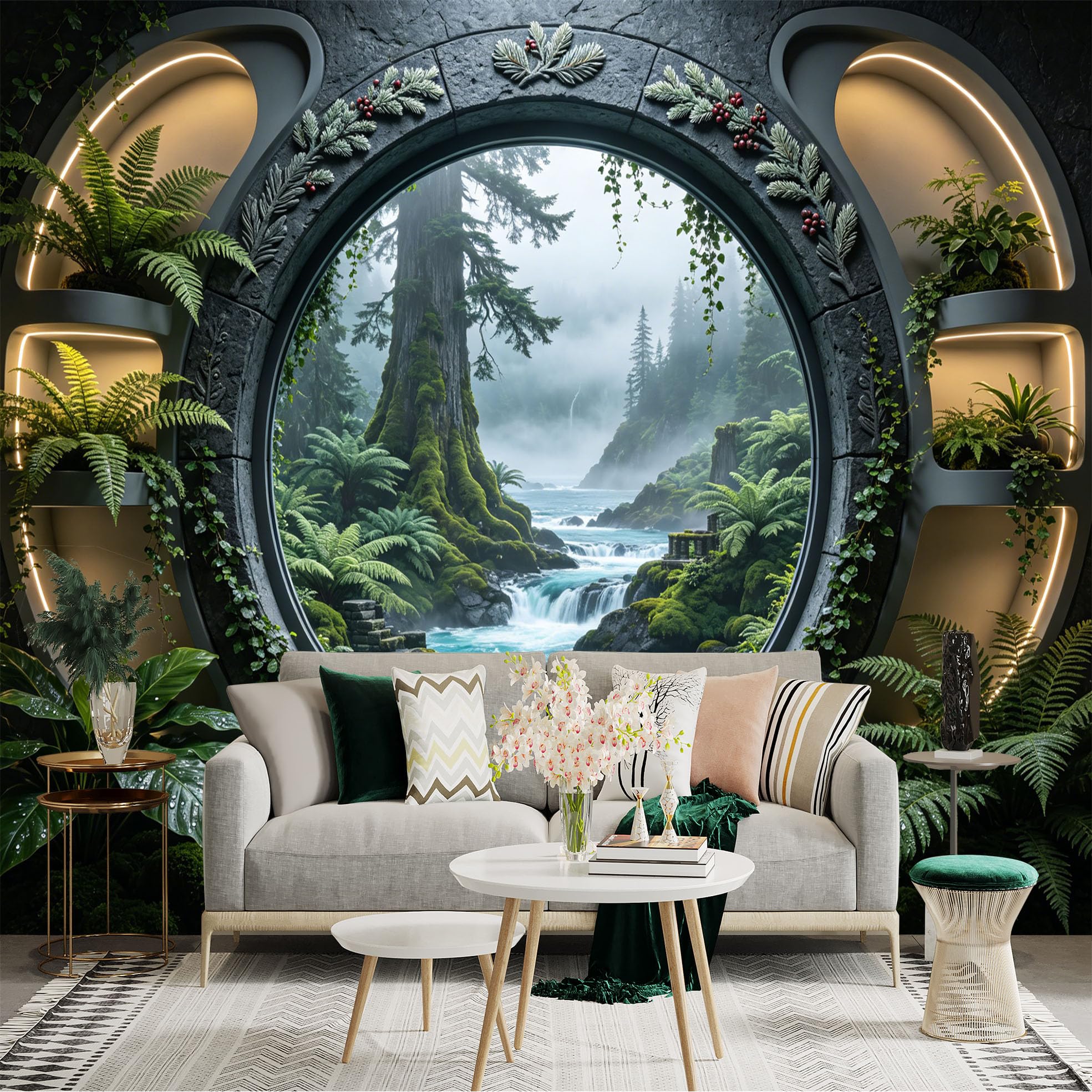 Custom Size Wall Sticker Mural， Misty Forest Waterfall with Lush Greenery and Circular Window View， for wall Decoration， peelandstick wall Decals.