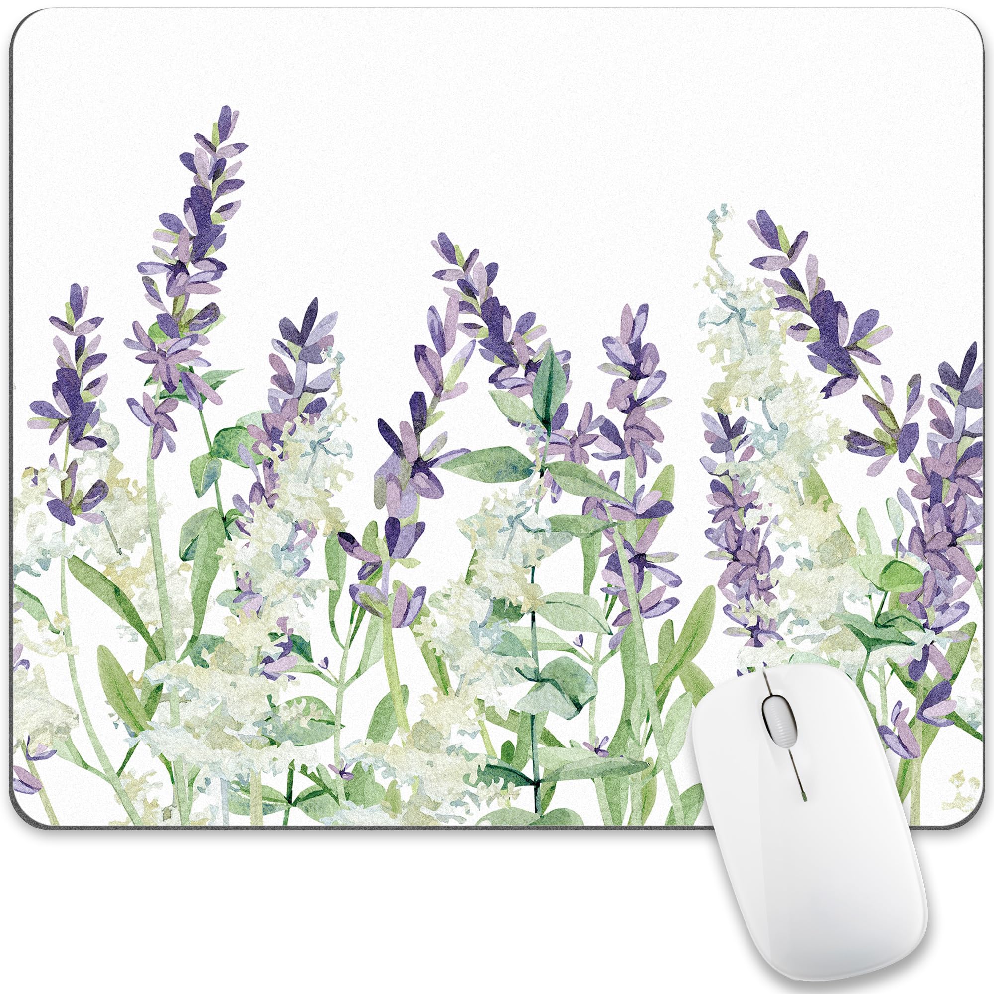 Flower Leaves Mouse Pad for Women, Rectangular Mousepad for Desk Computer Gaming Office Cute Small White Square Desk Pad Non-Slip Purple Lavender Wireless Mouse Mat Washable Desk Decor Accessories