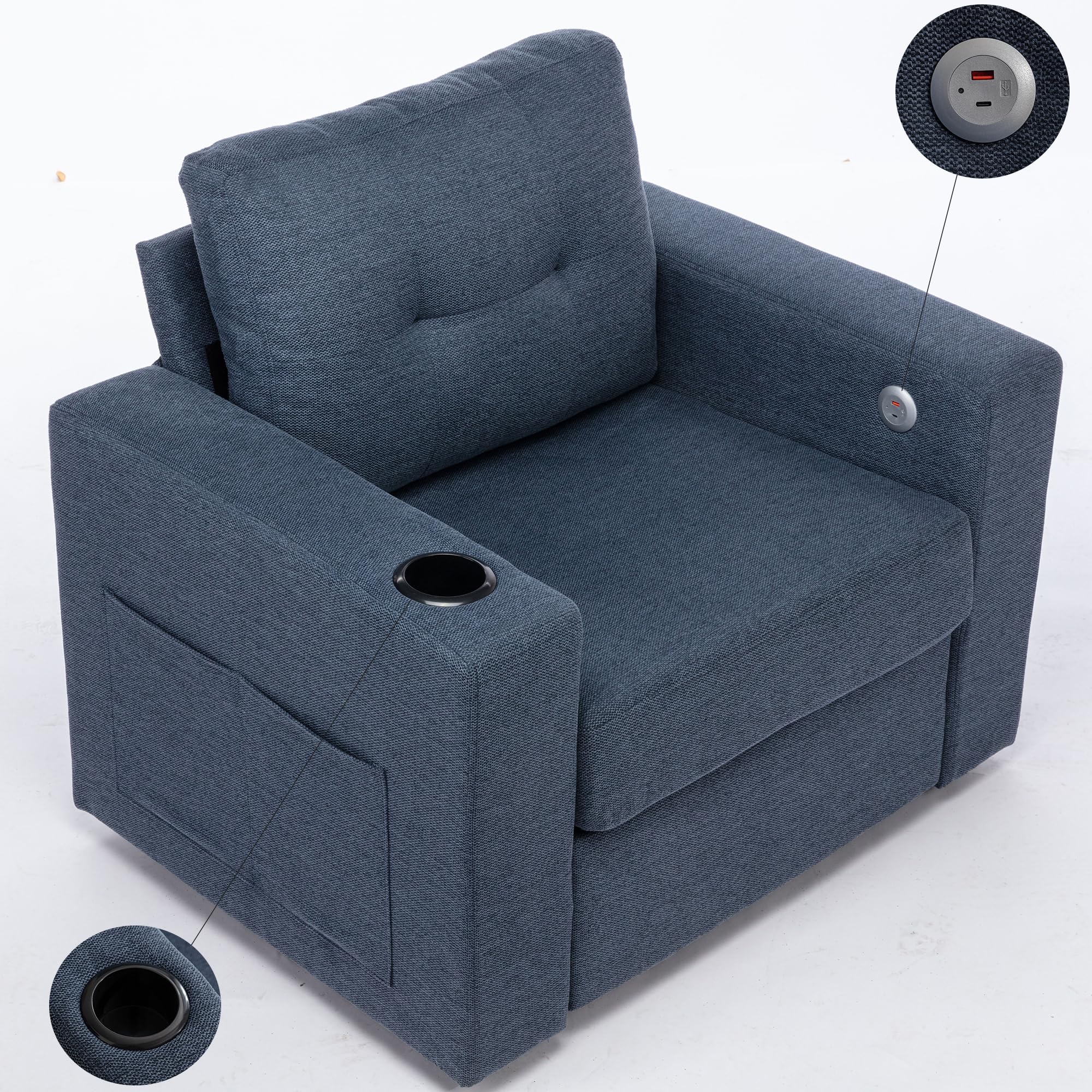 Modern Oversized 90º Accent Swivel Sofa Wide Seat Versatile 38.6" W Ergonomic Living Room Bedroom Chair Upholstered Soft Leisure Sofa Arm Chair (Fabric Blue)