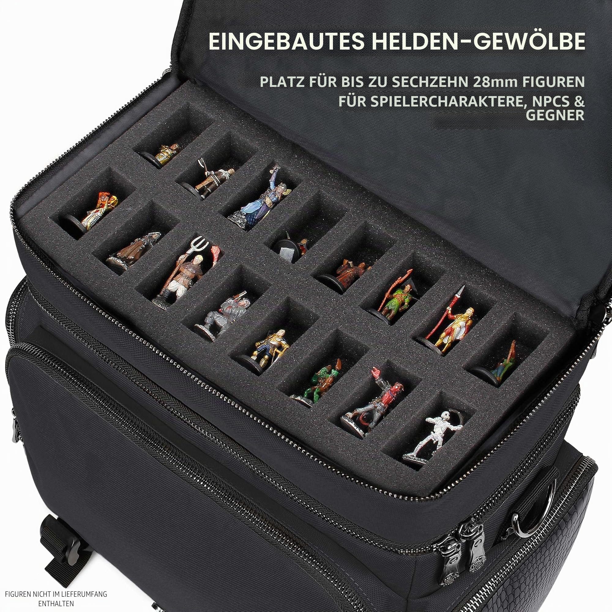 ENHANCE Tabletop RPG-Tasche des Abenteurers, Sammleredition - DND-Tasche mit Tabletop-Miniaturen-Aufbewahrung, Mattenhalter, DND-Würfel- und Token-Taschen, passend für 4-8 Bücher (Drachen Schwarz)