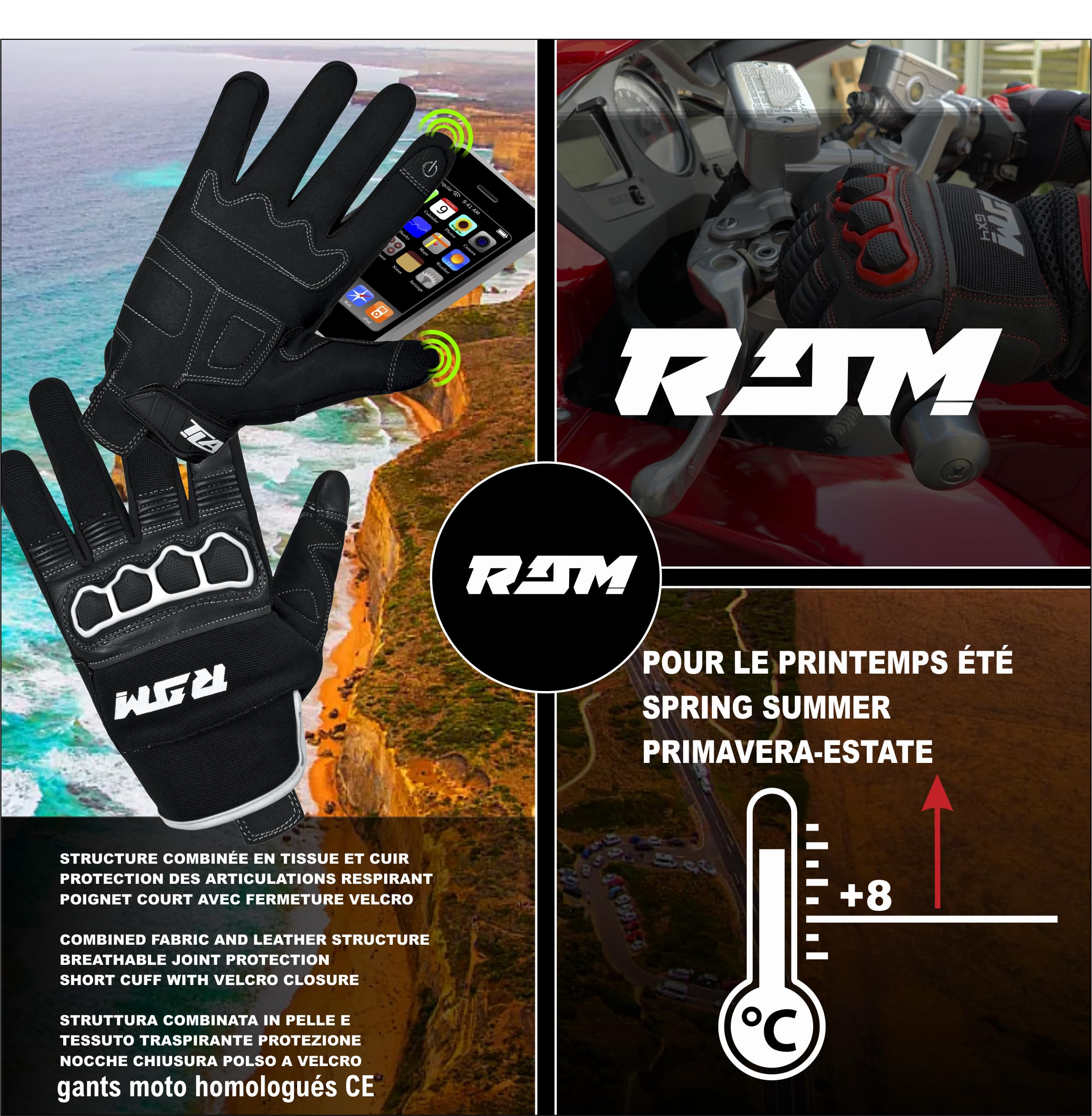 TLA RAM Guanti moto con protezioni nocche omologati CE, Taglie sino 5XL uomo e donna, Guanti da moto, scooter, quad, touchscreen, traspiranti, mezza stagione, alta protezione all'impatto