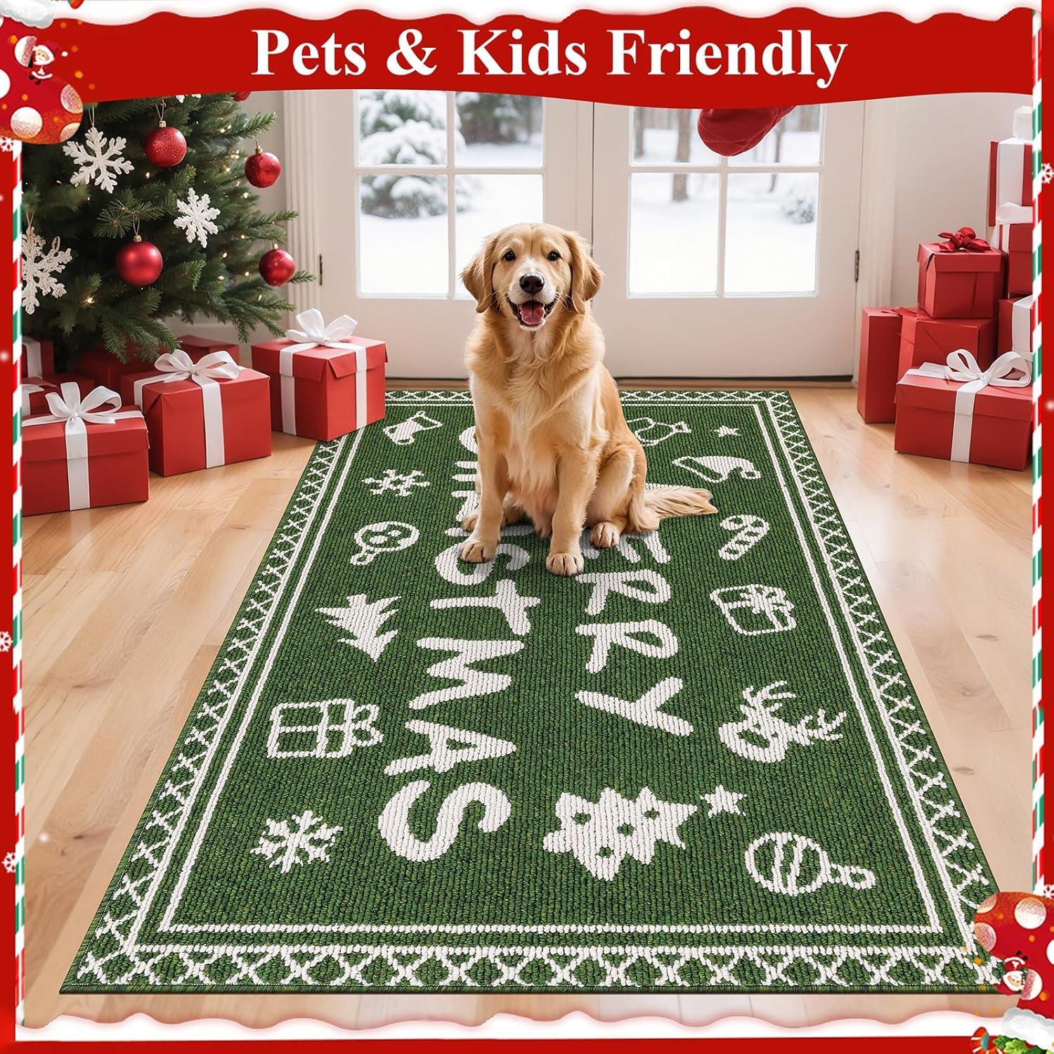 Ileading Christmas Indoor Doormat, Durable Xmas Welcome Mat 36"x60" Non Slip Entrance Rug with Rubber Backing, Machine Washable Winter Holiday Entryway Front Large Floor mat Green Small Carpet