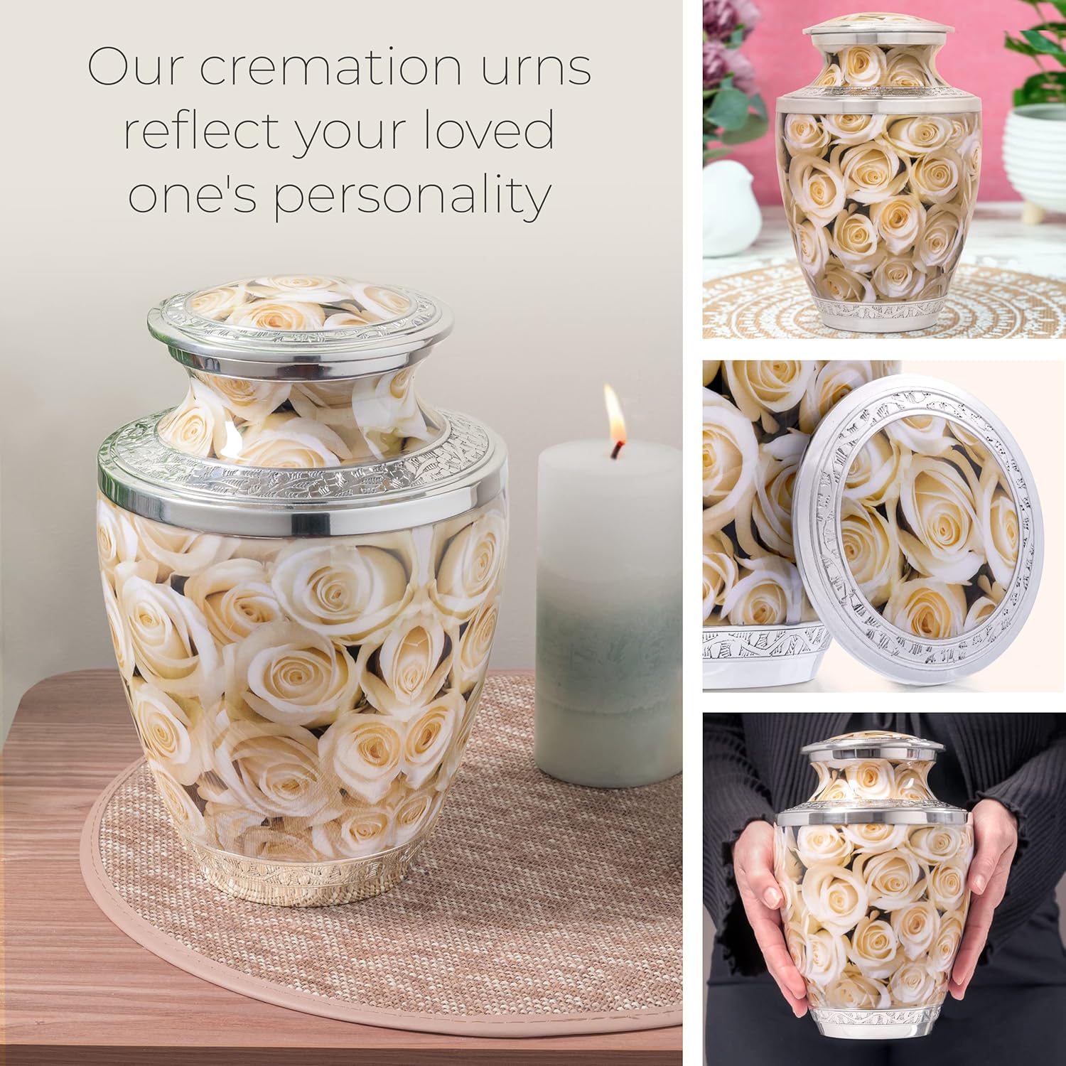 White Rose Ashes urn. Cremation urns for Human Ashes Adult Female mom. Decorative urns for Adult Female