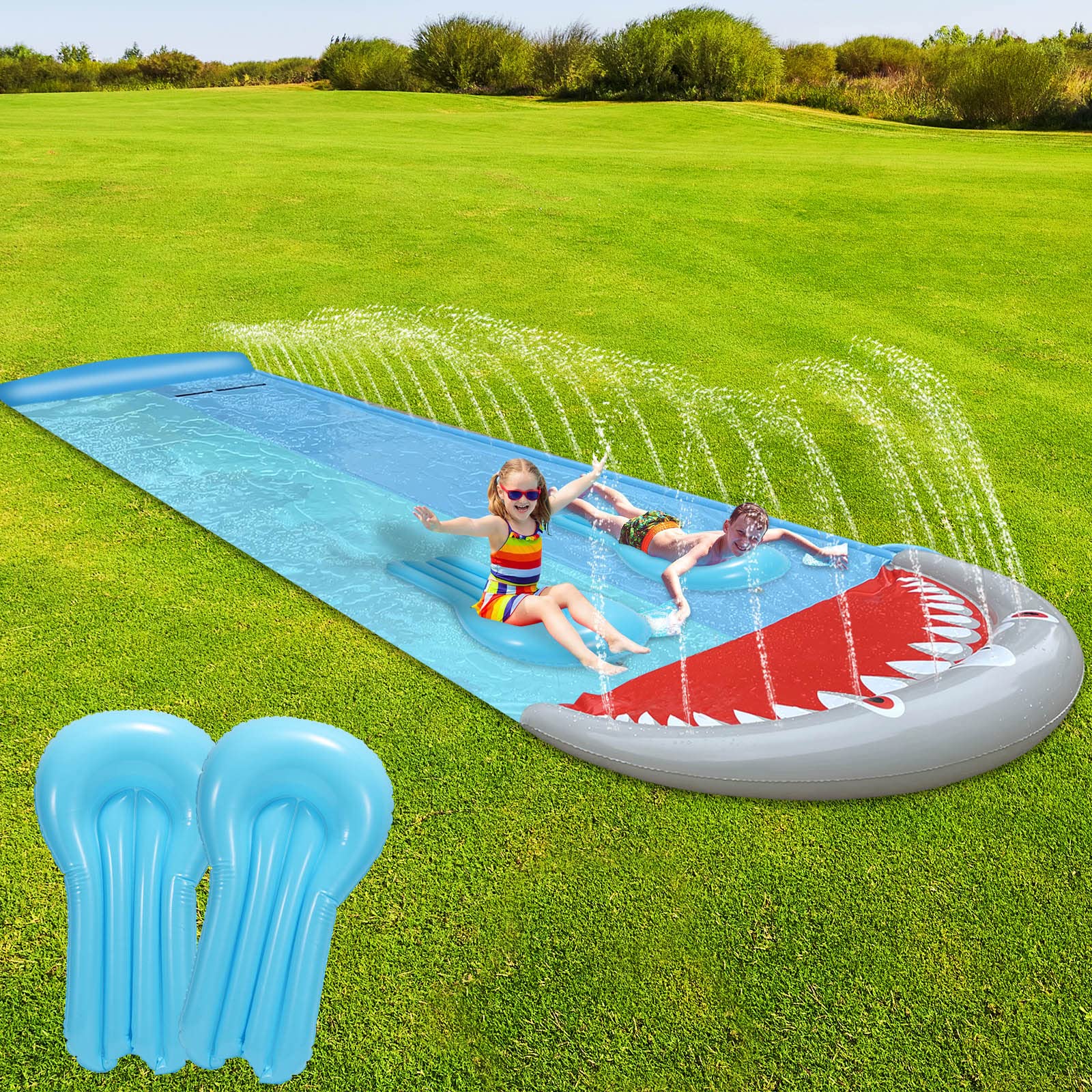 Wasserrutsche 550x145cm Doppel Wasserrutsche mit 2 Bodyboards Hai-Stil Outdoor Wasserrutschmatte für Kinder