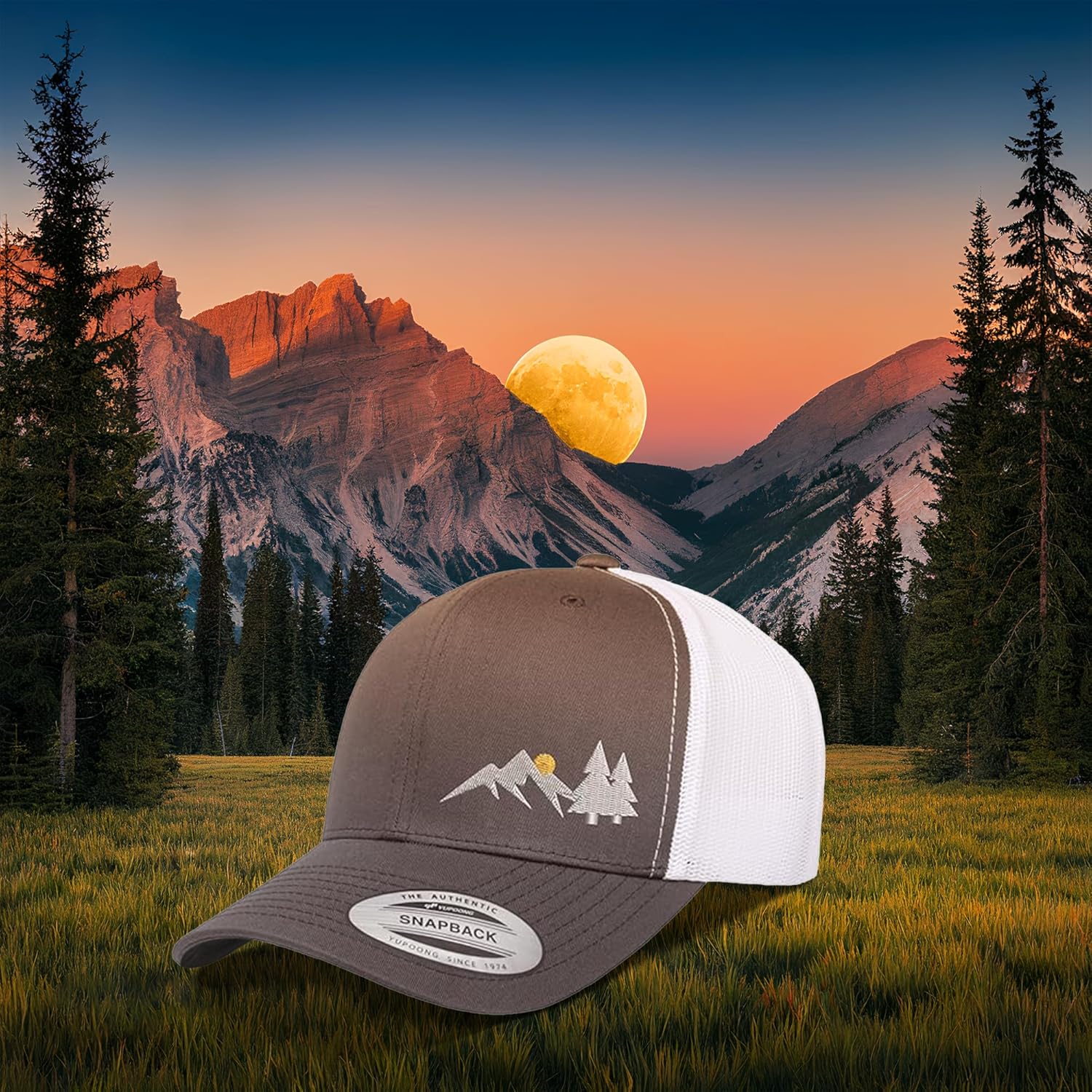 Embroidered Mountain Moon Trucker Hat – Mesh Back Snapback Cap for Men & Women, Outdoor Nature Baseball Hat