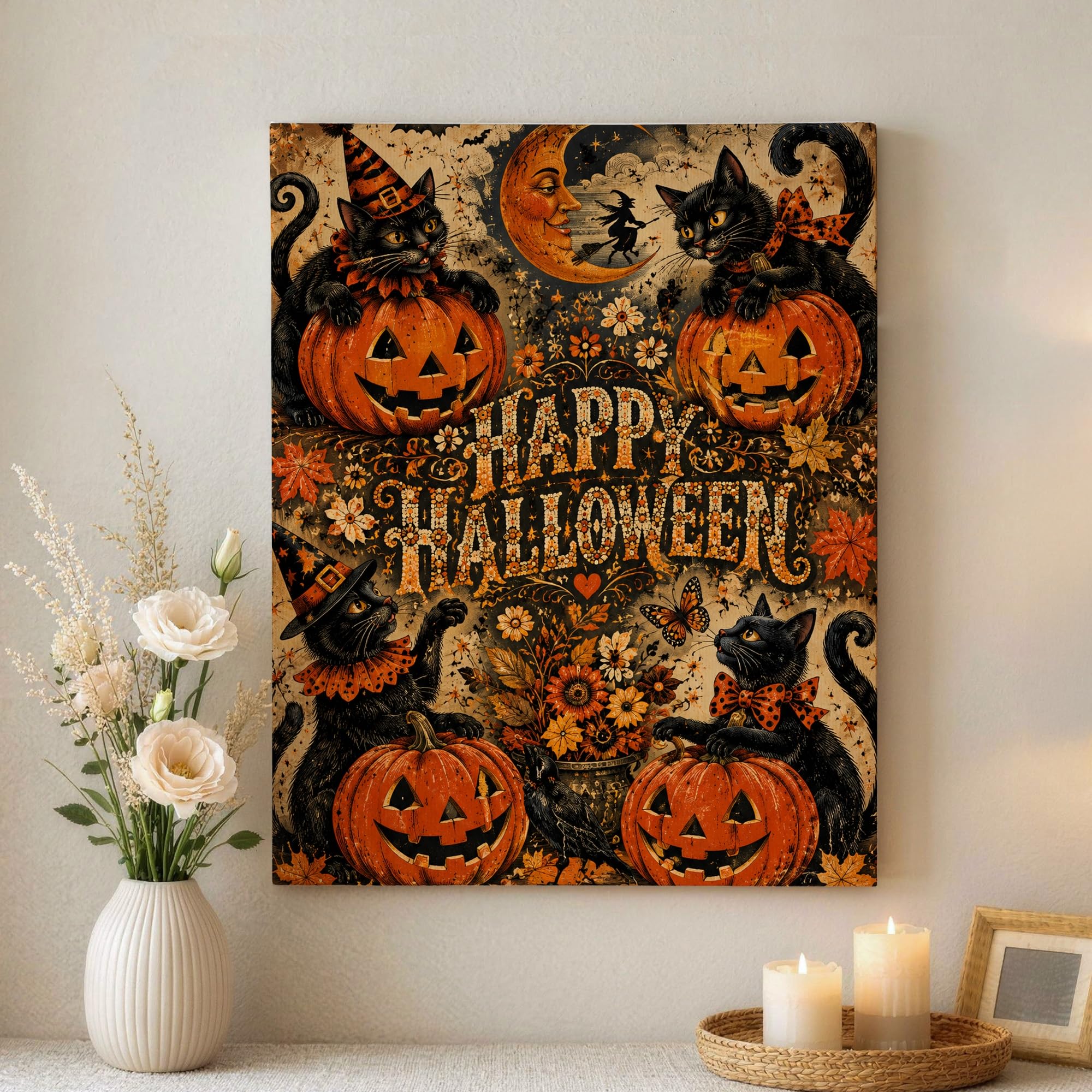 Decoración de hogar para sala de estar con lienzo de gato y bruja 8