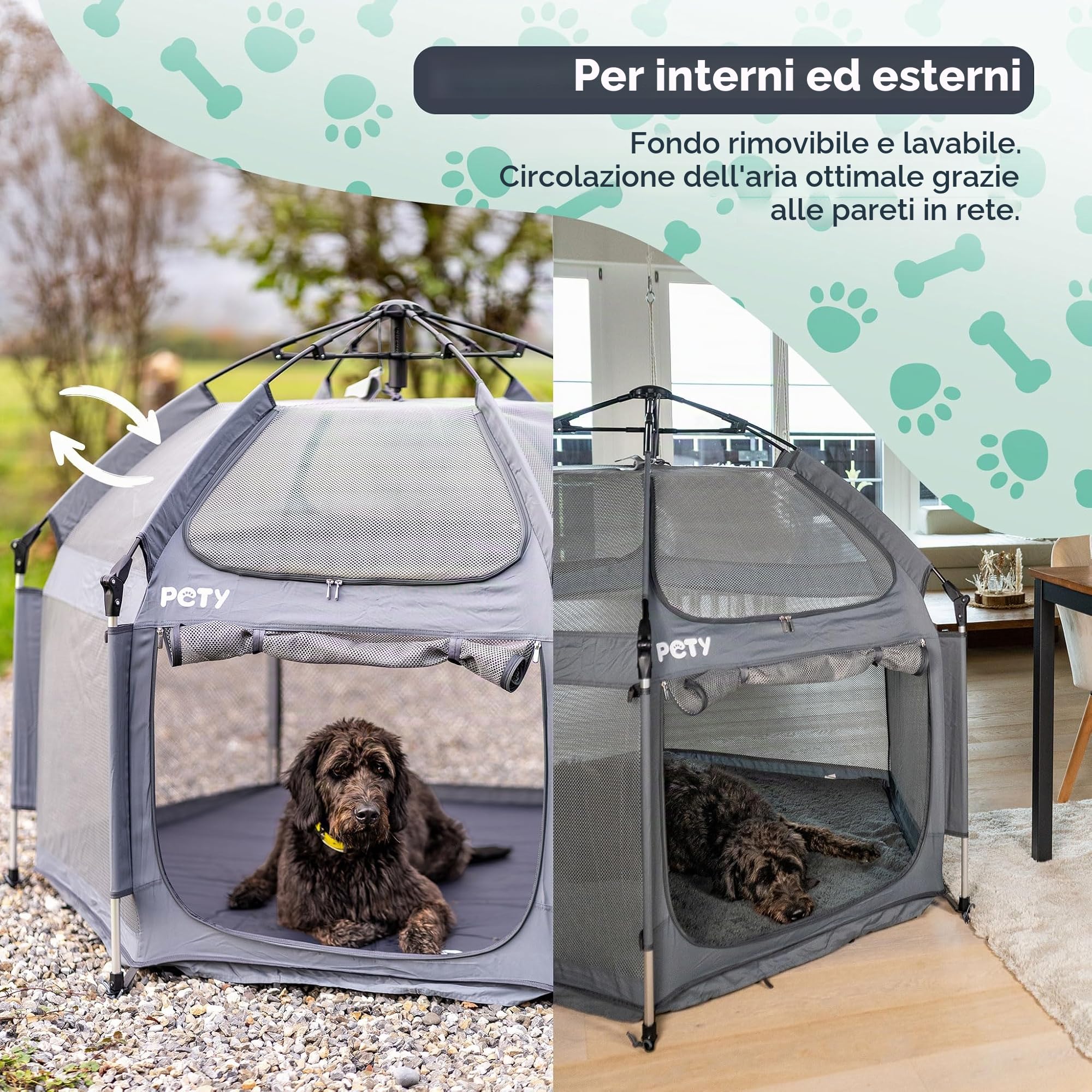 PETY Set box per cani – 150 x 100 cm tenda mobile per cani con borsa per il trasporto, tetto UV e tappetino – recinto per animali domestici e interni – accessori da viaggio per il campeggio –