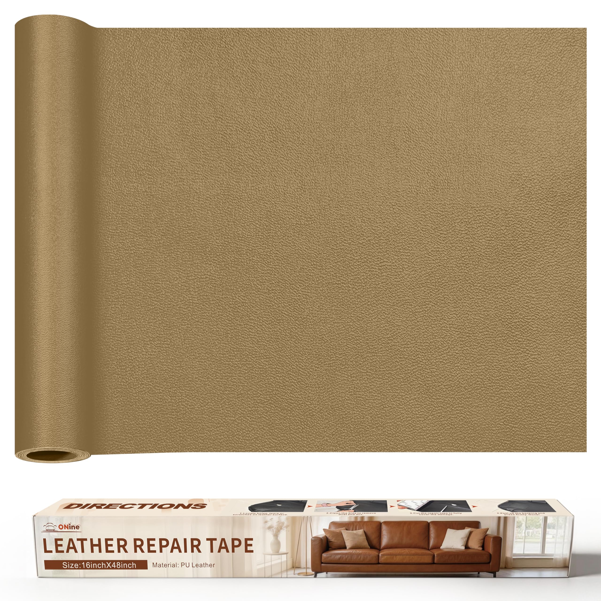 ONine Leather Repair Tape,Self Adhesive Leather Repair Patch,Leather Patches for Furniture,Sofa,Car Seats,Office Chair. Vinyl Repair Kit 16x48in(Gery Khaki)