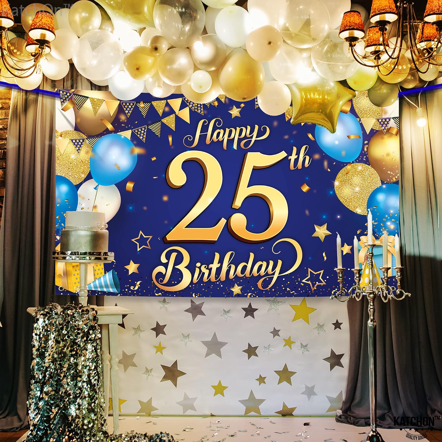 KatchOn, Happy 25th Birthday Banner - XL, 72x44 Inch | Blue and Gold 25th Birthday Decor for Men and Women
